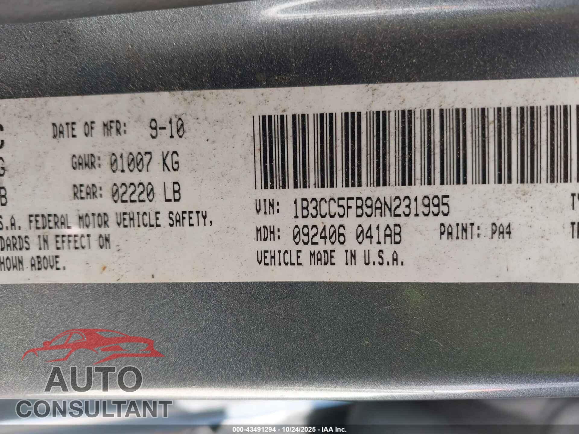 DODGE AVENGER 2010 - 1B3CC5FB9AN231995