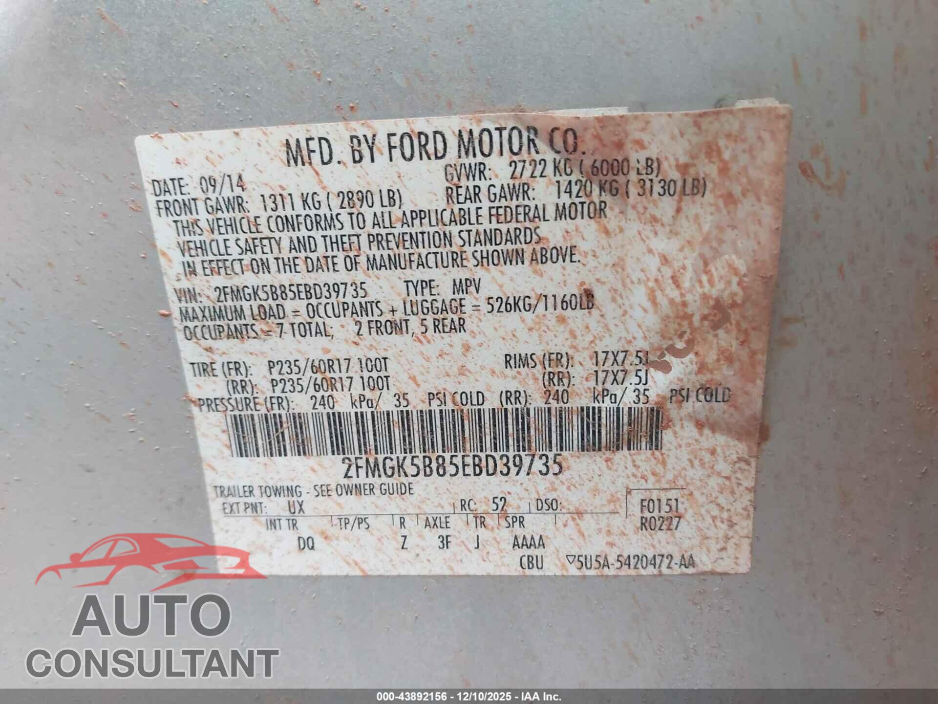 FORD FLEX 2014 - 2FMGK5B85EBD39735