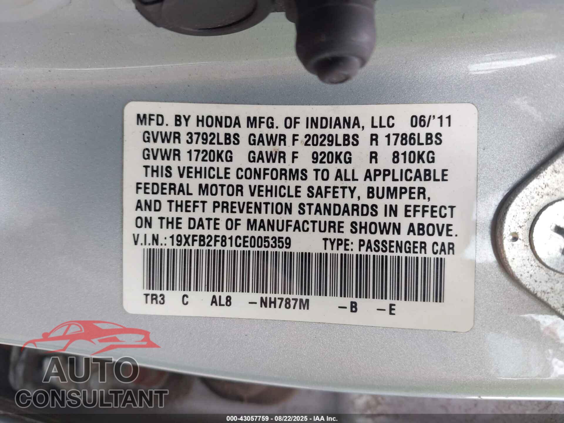 HONDA CIVIC 2012 - 19XFB2F81CE005359