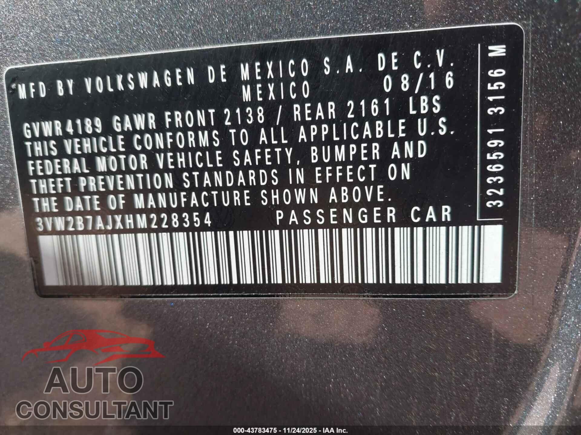 VOLKSWAGEN JETTA 2017 - 3VW2B7AJXHM228354