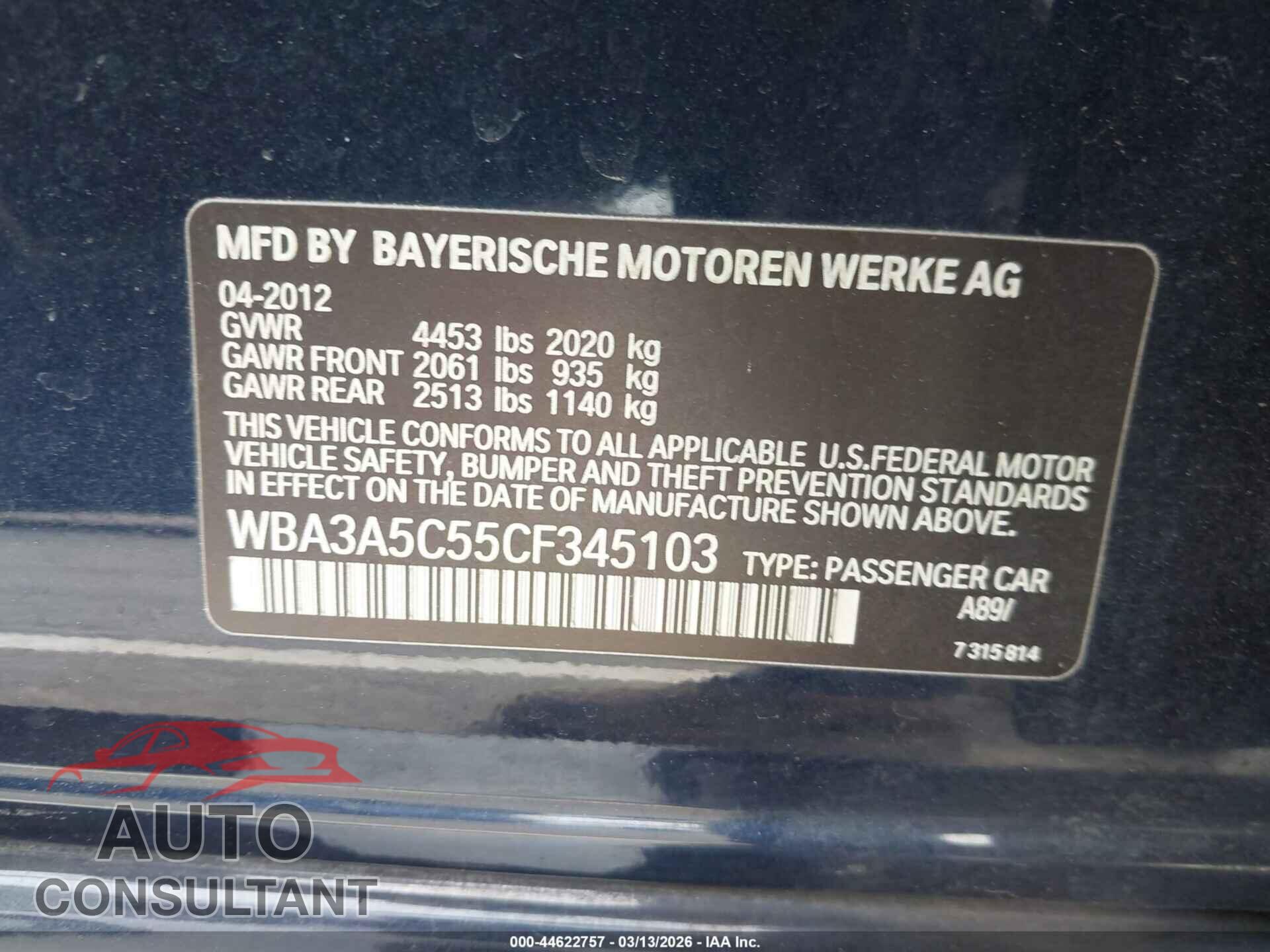 BMW 328I 2012 - WBA3A5C55CF345103