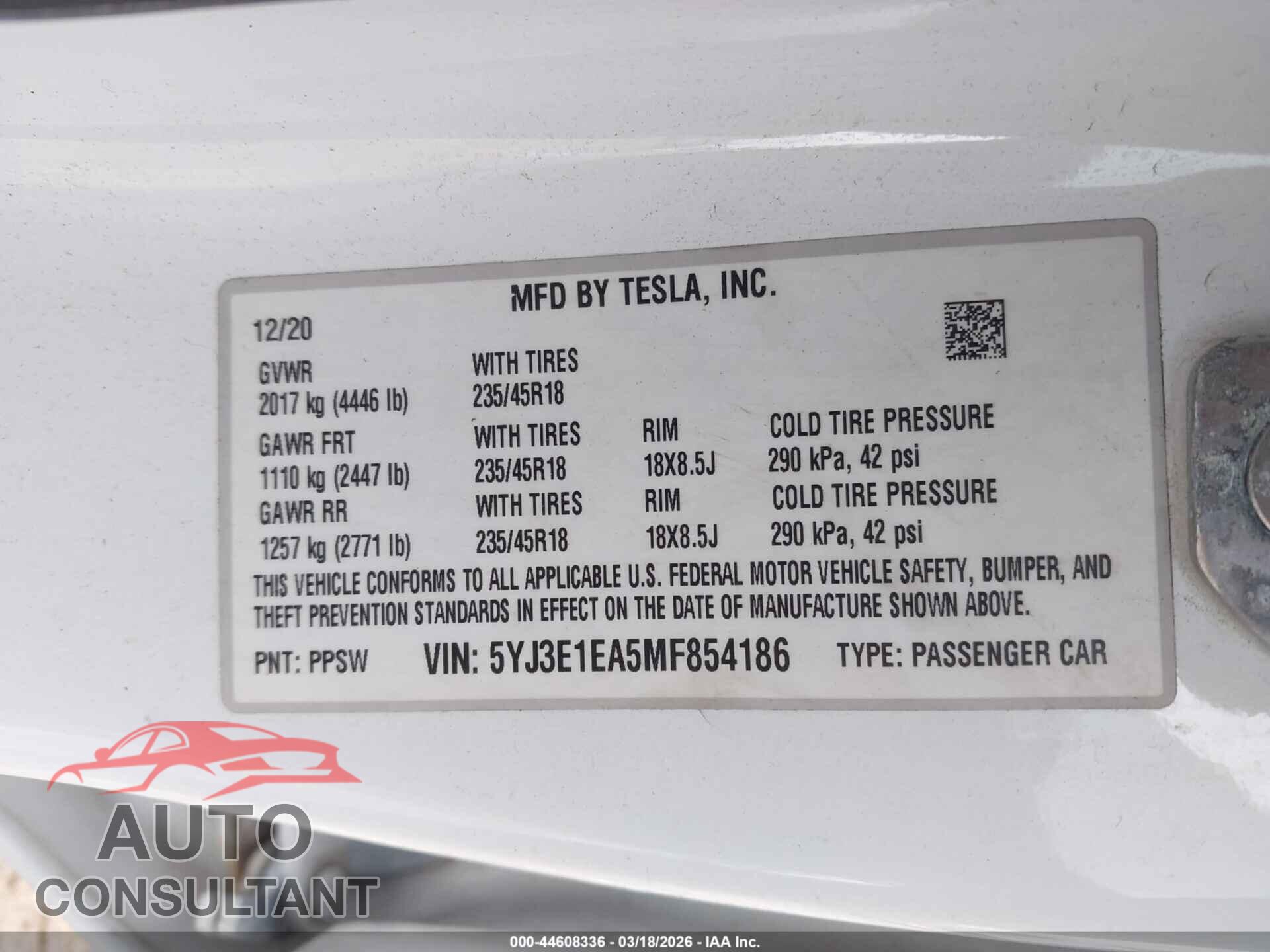 TESLA MODEL 3 2021 - 5YJ3E1EA5MF854186