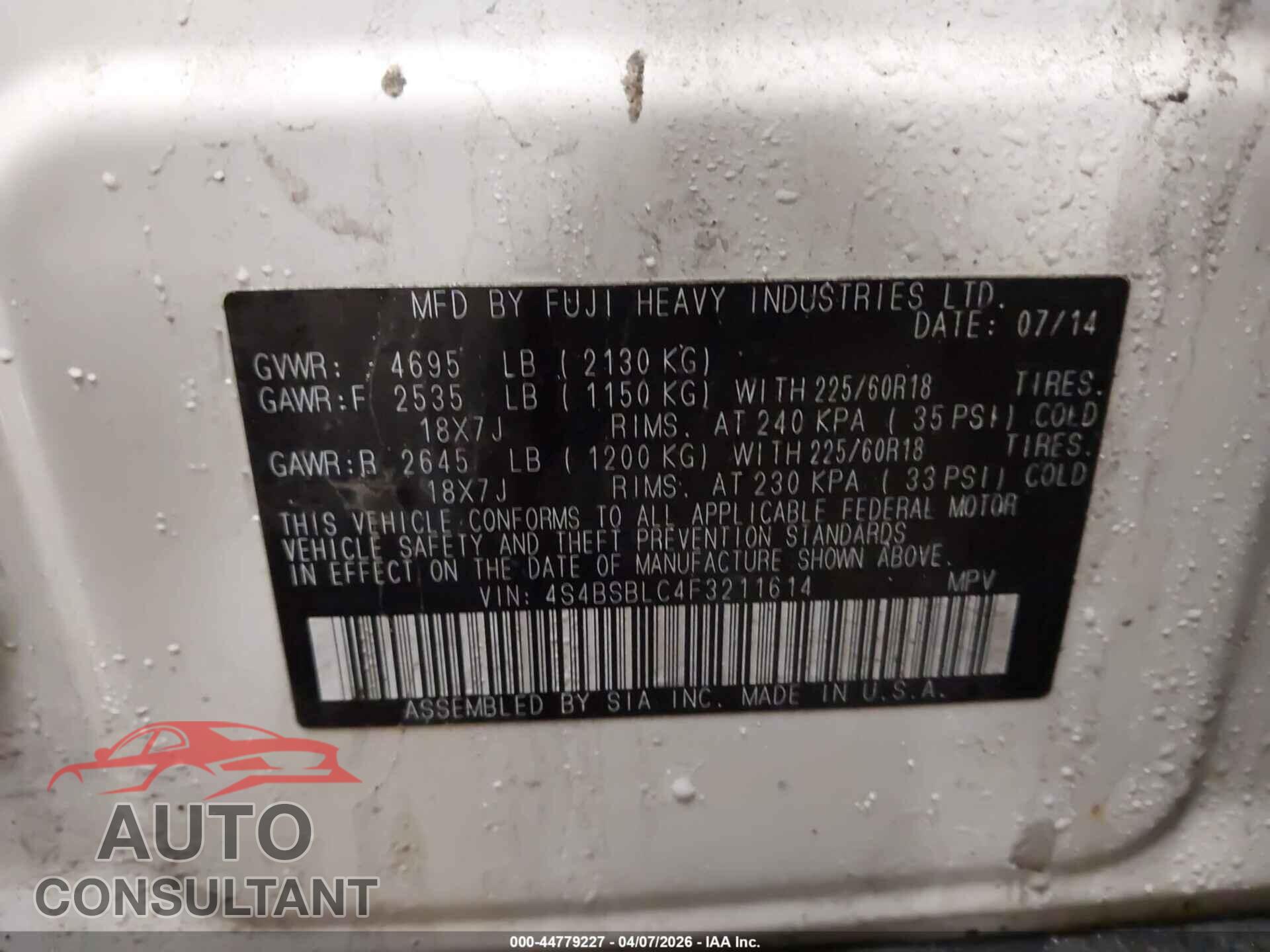 SUBARU OUTBACK 2015 - 4S4BSBLC4F3211614