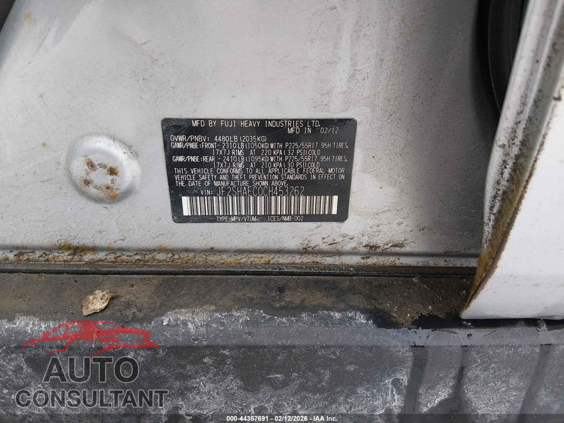 SUBARU FORESTER 2012 - JF2SHAEC0CH453262