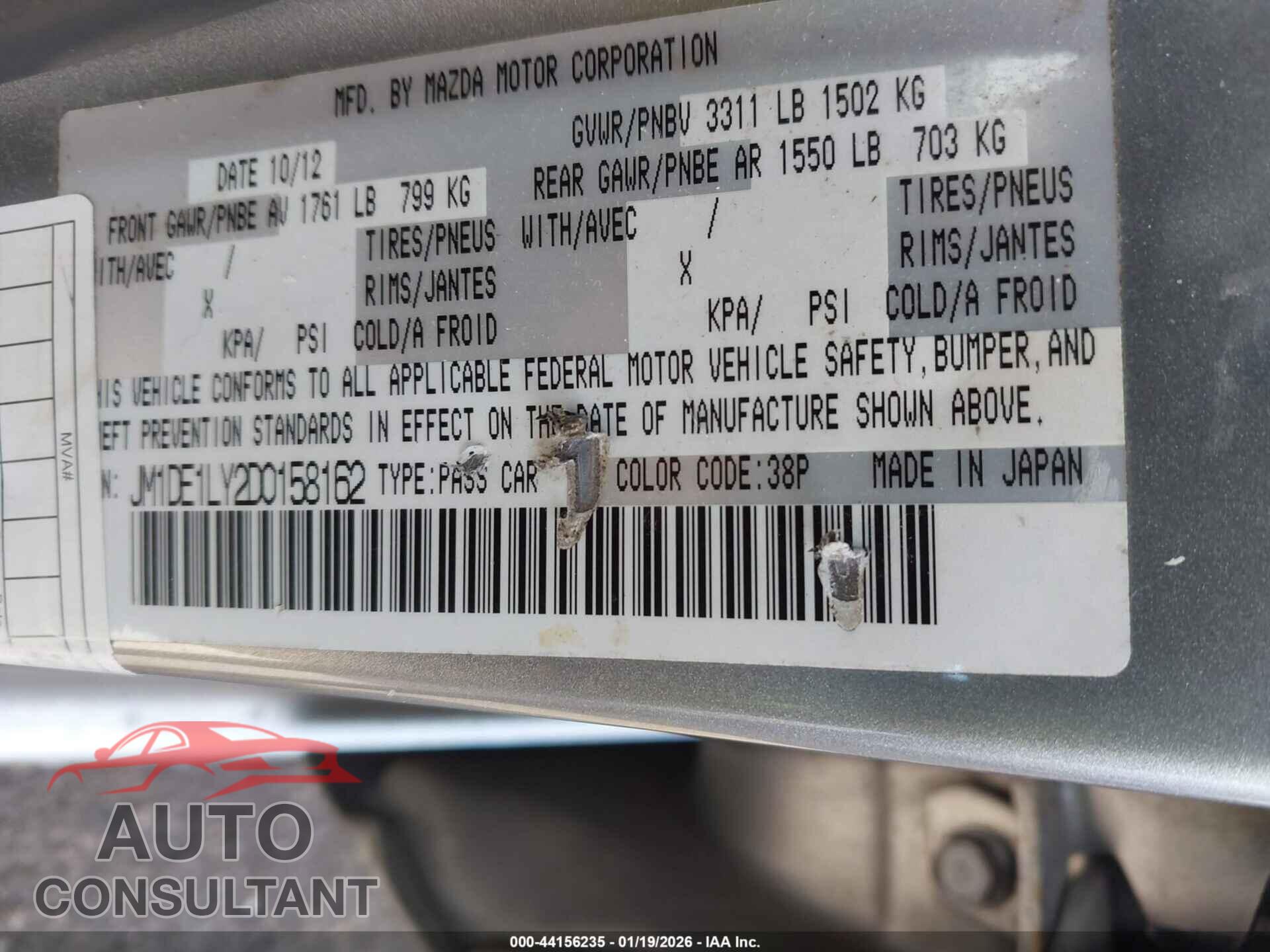 MAZDA MAZDA2 2013 - JM1DE1LY2D0158162