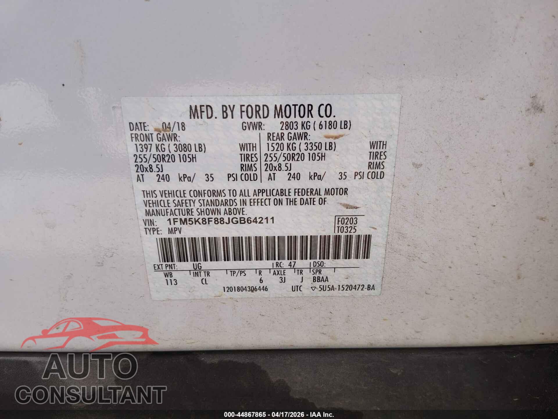 FORD EXPLORER 2018 - 1FM5K8F88JGB64211