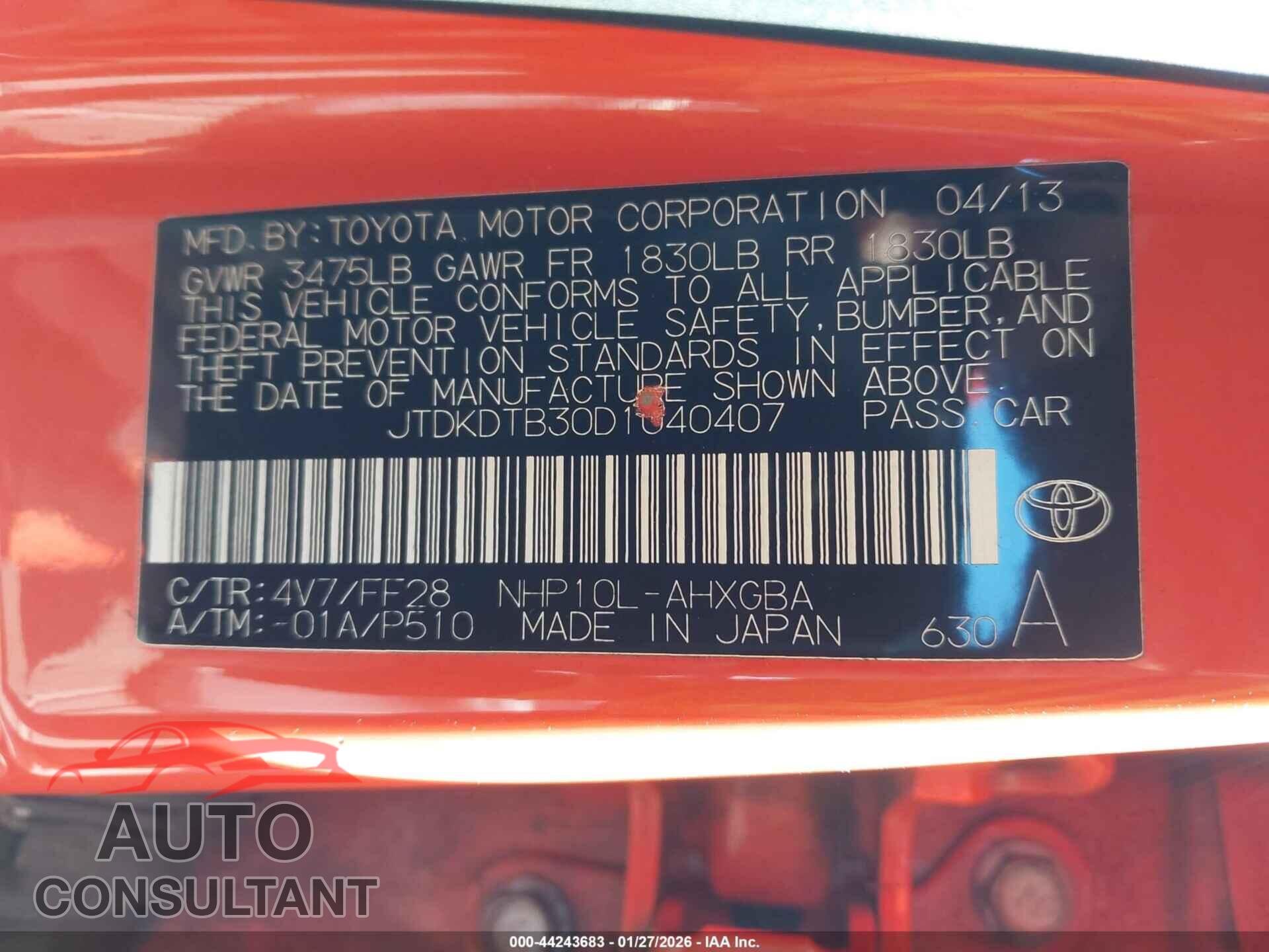 TOYOTA PRIUS C 2013 - JTDKDTB30D1040407