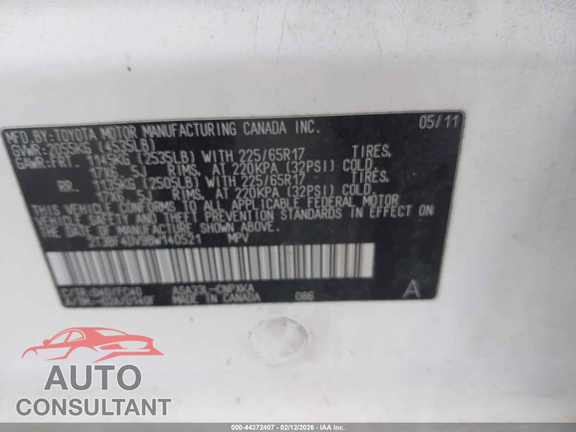 TOYOTA RAV4 2011 - 2T3BF4DV9BW140521