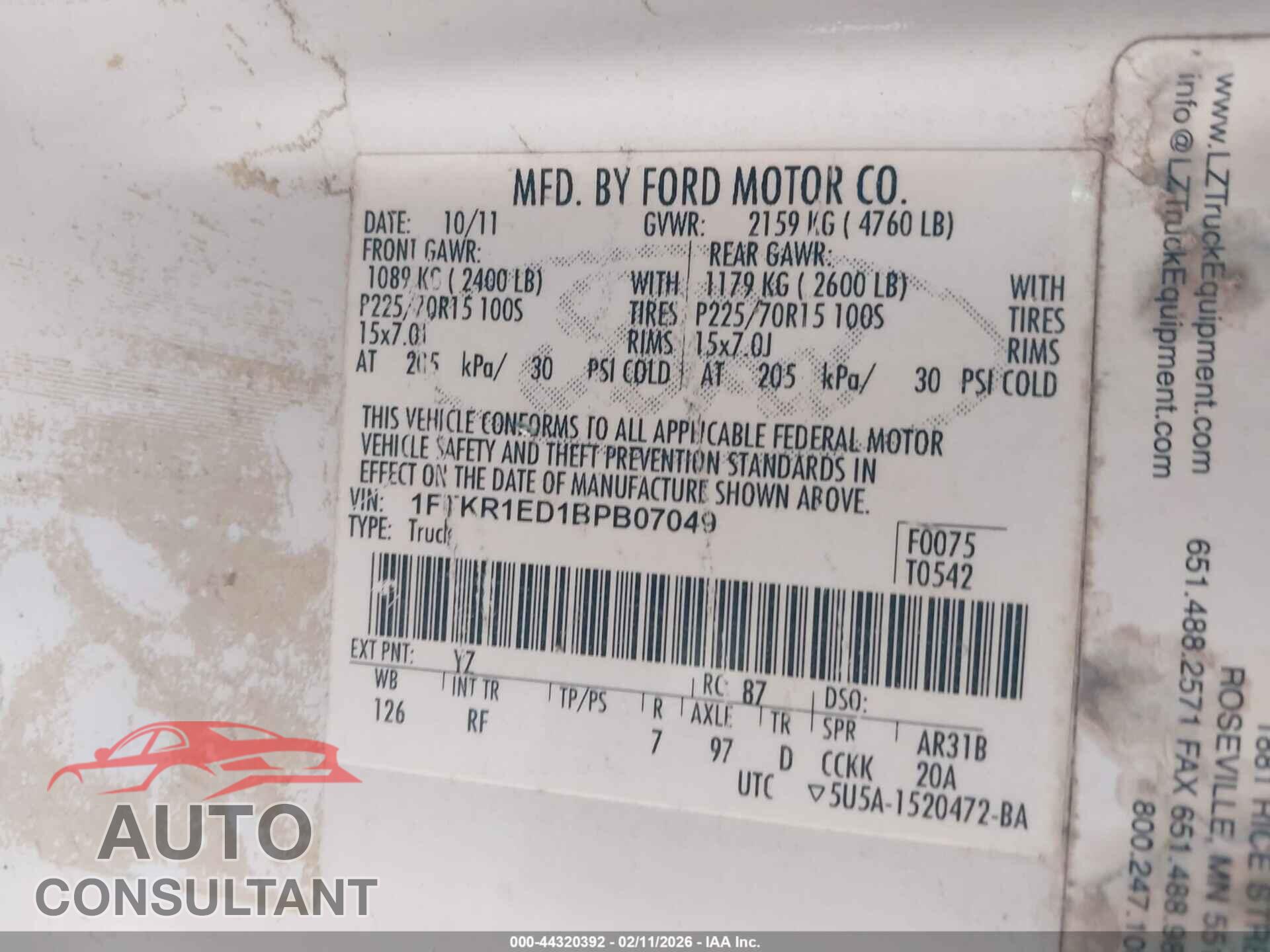 FORD RANGER 2011 - 1FTKR1ED1BPB07049