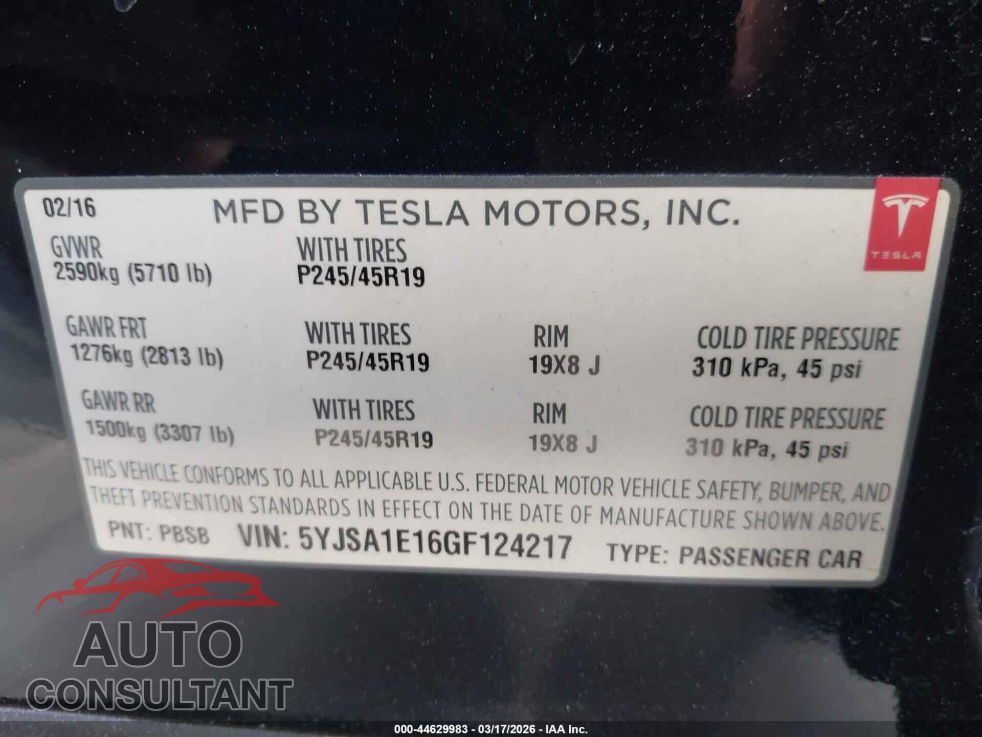 TESLA MODEL S 2016 - 5YJSA1E16GF124217