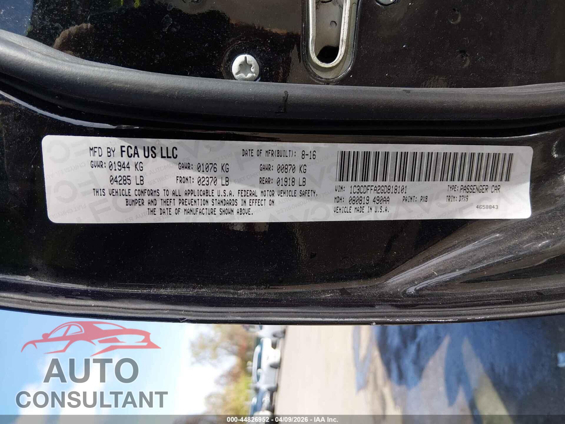 DODGE DART 2016 - 1C3CDFFA2GD818101