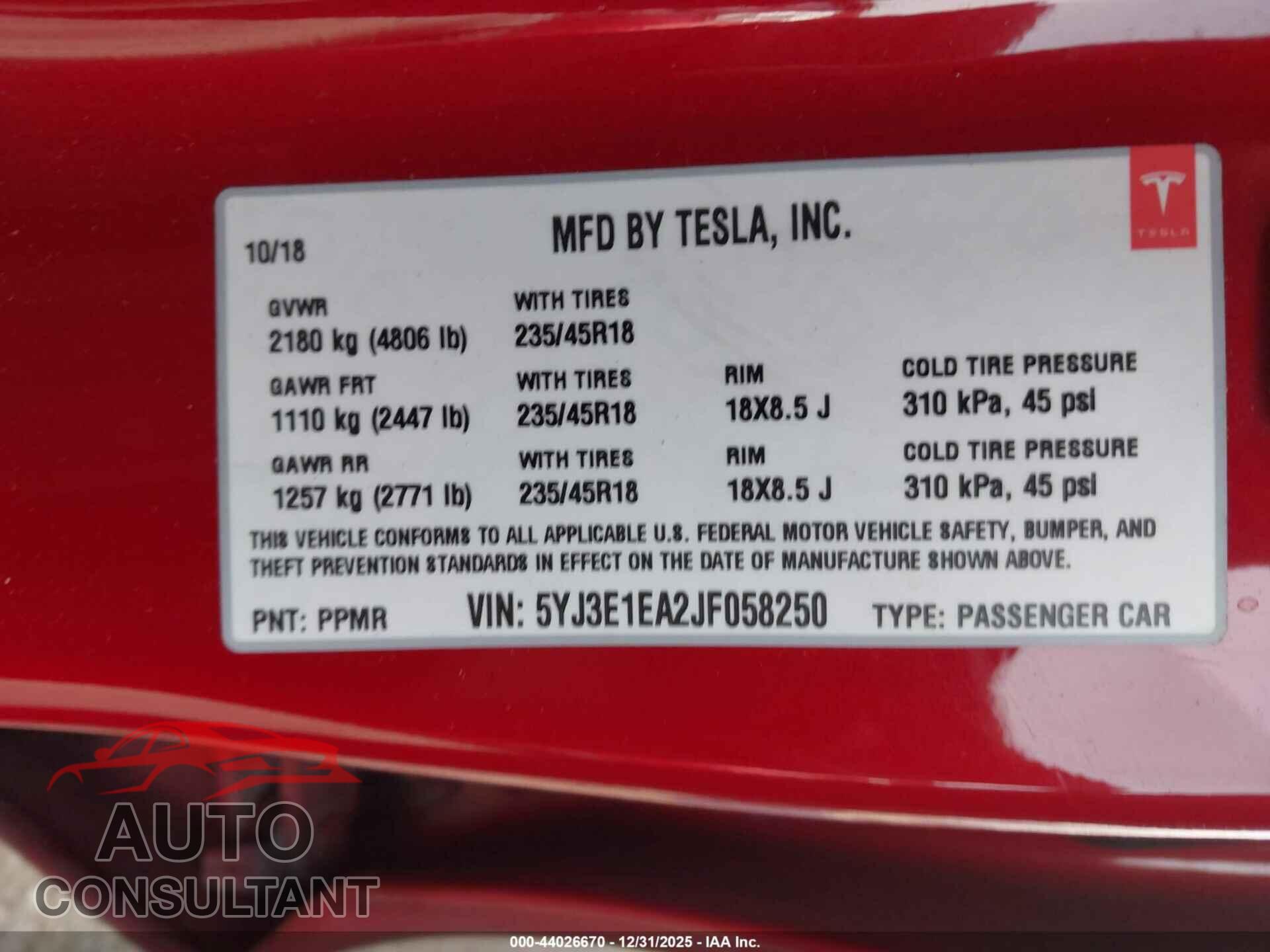 TESLA MODEL 3 2018 - 5YJ3E1EA2JF058250