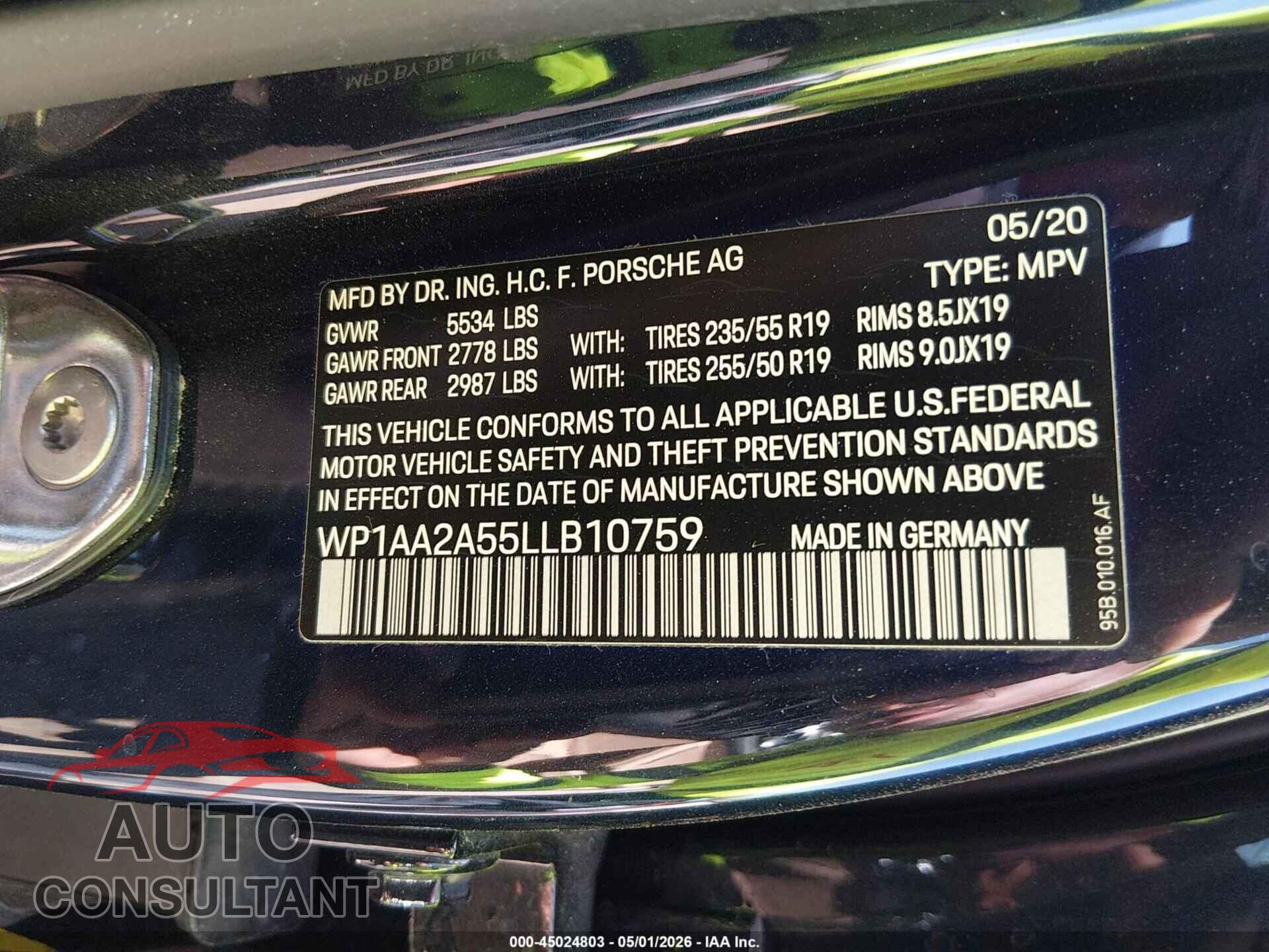 PORSCHE MACAN 2020 - WP1AA2A55LLB10759