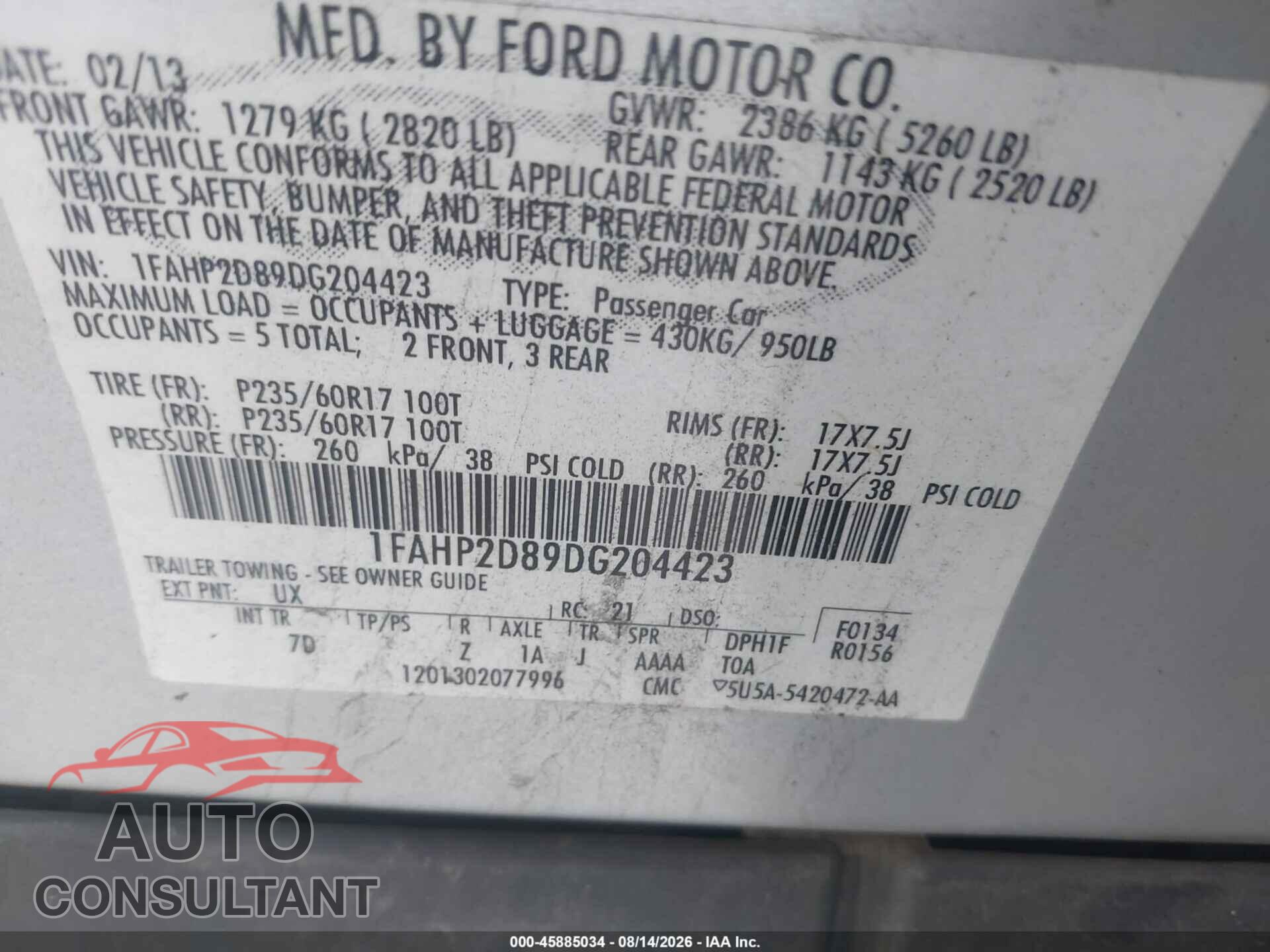 FORD TAURUS 2013 - 1FAHP2D89DG204423