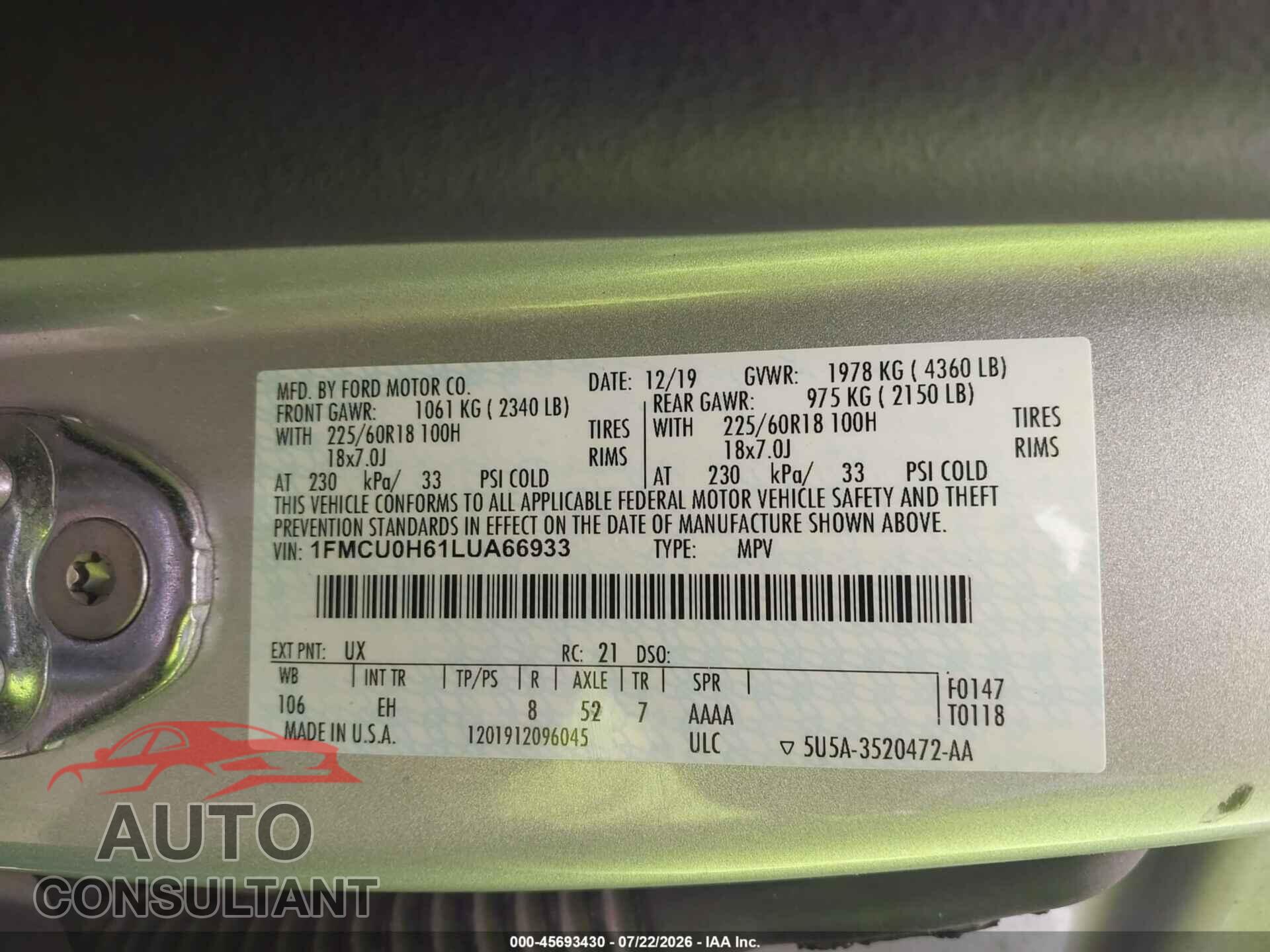 FORD ESCAPE 2020 - 1FMCU0H61LUA66933