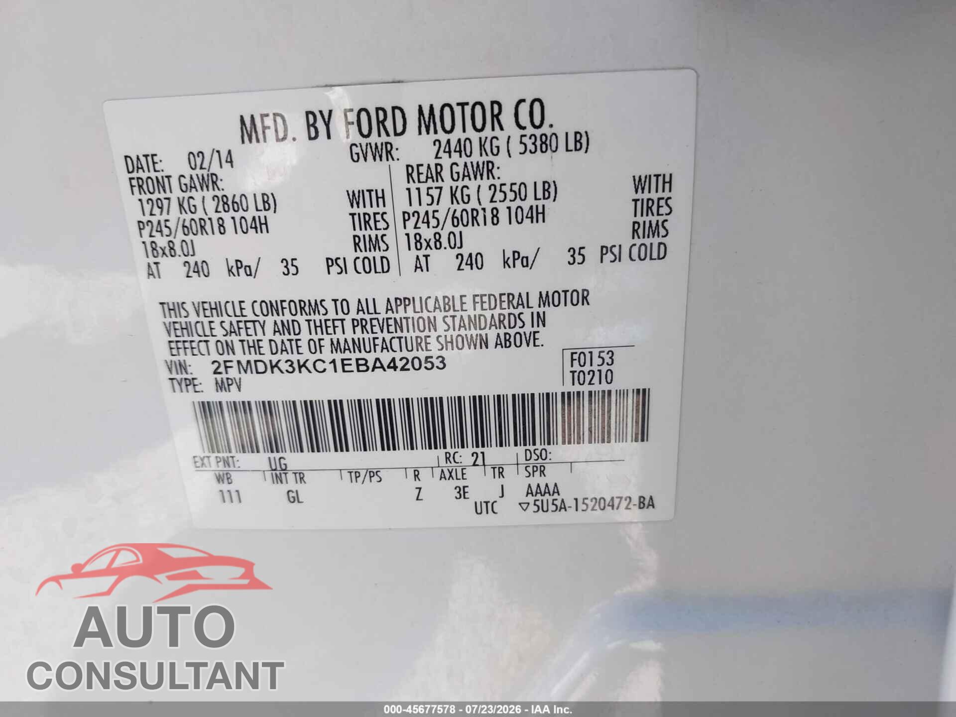 FORD EDGE 2014 - 2FMDK3KC1EBA42053
