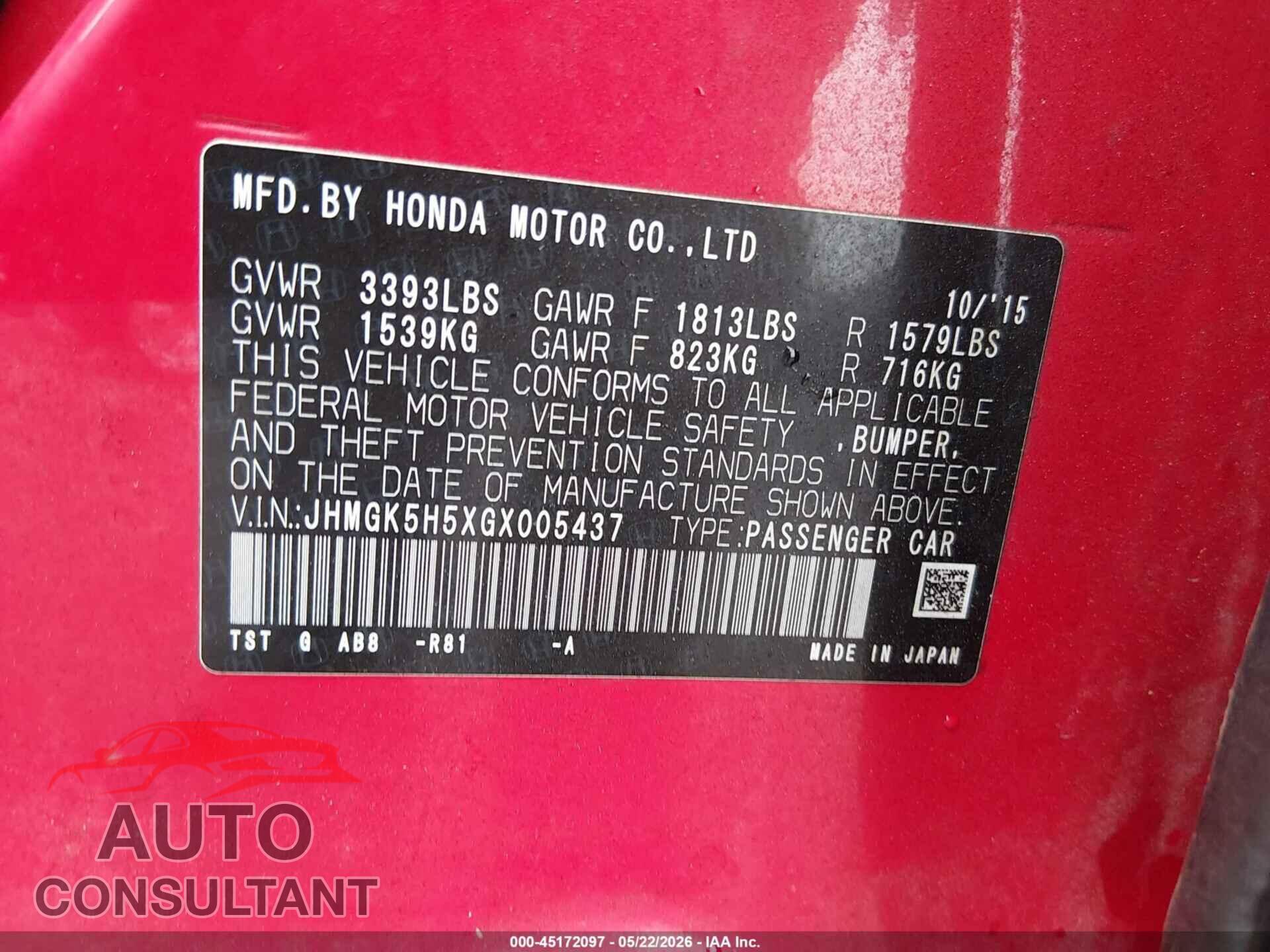 HONDA FIT 2016 - JHMGK5H5XGX005437