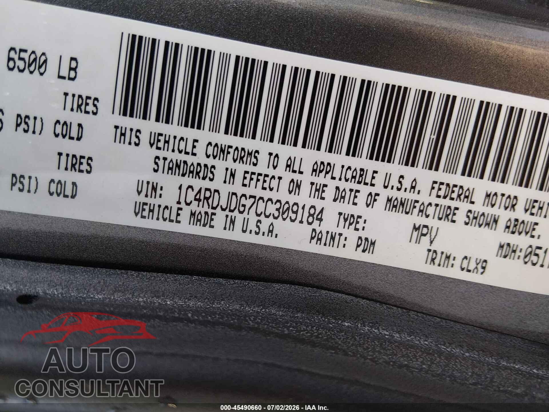 DODGE DURANGO 2012 - 1C4RDJDG7CC309184
