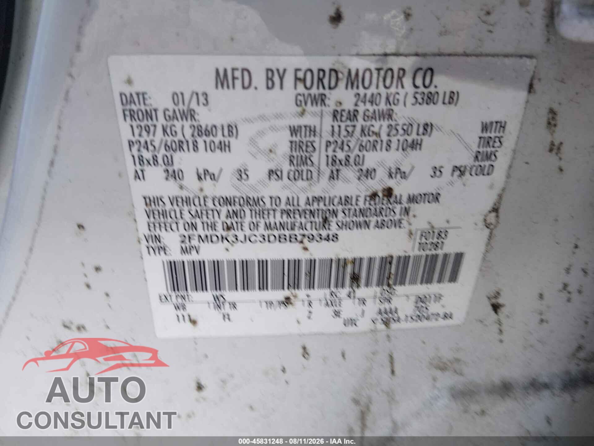 FORD EDGE 2013 - 2FMDK3JC3DBB79348