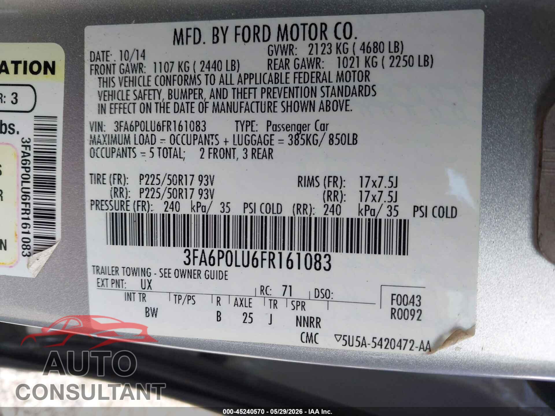 FORD FUSION HYBRID 2015 - 3FA6P0LU6FR161083