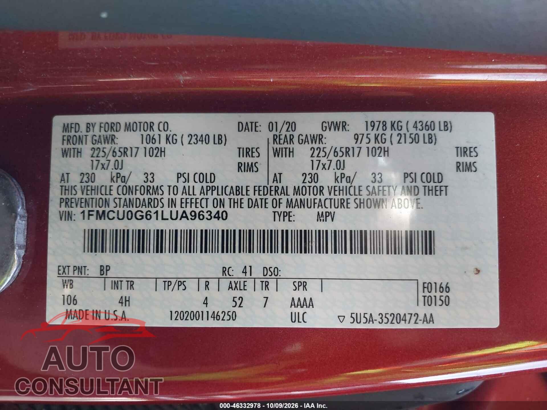 FORD ESCAPE 2020 - 1FMCU0G61LUA96340