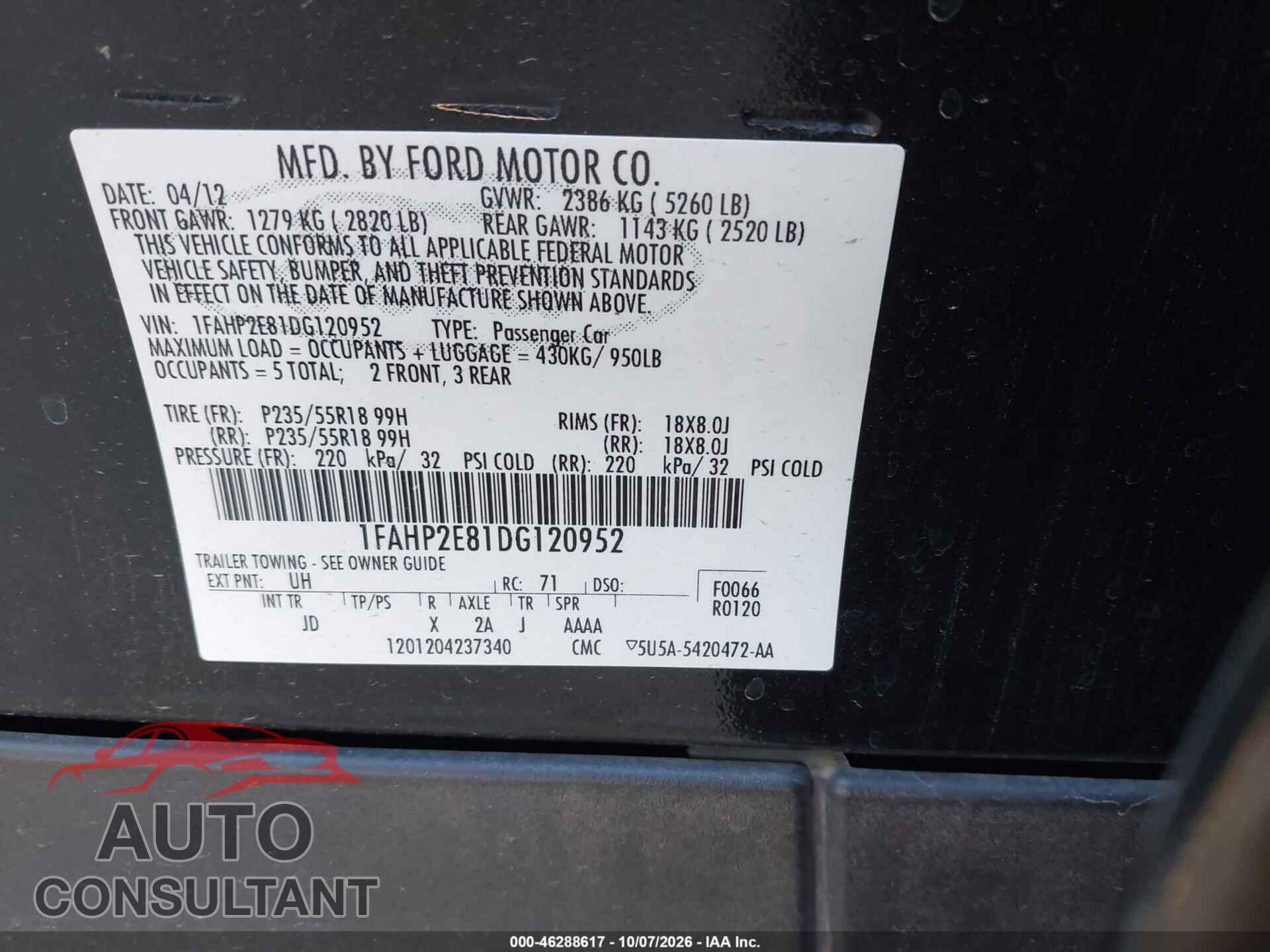 FORD TAURUS 2013 - 1FAHP2E81DG120952