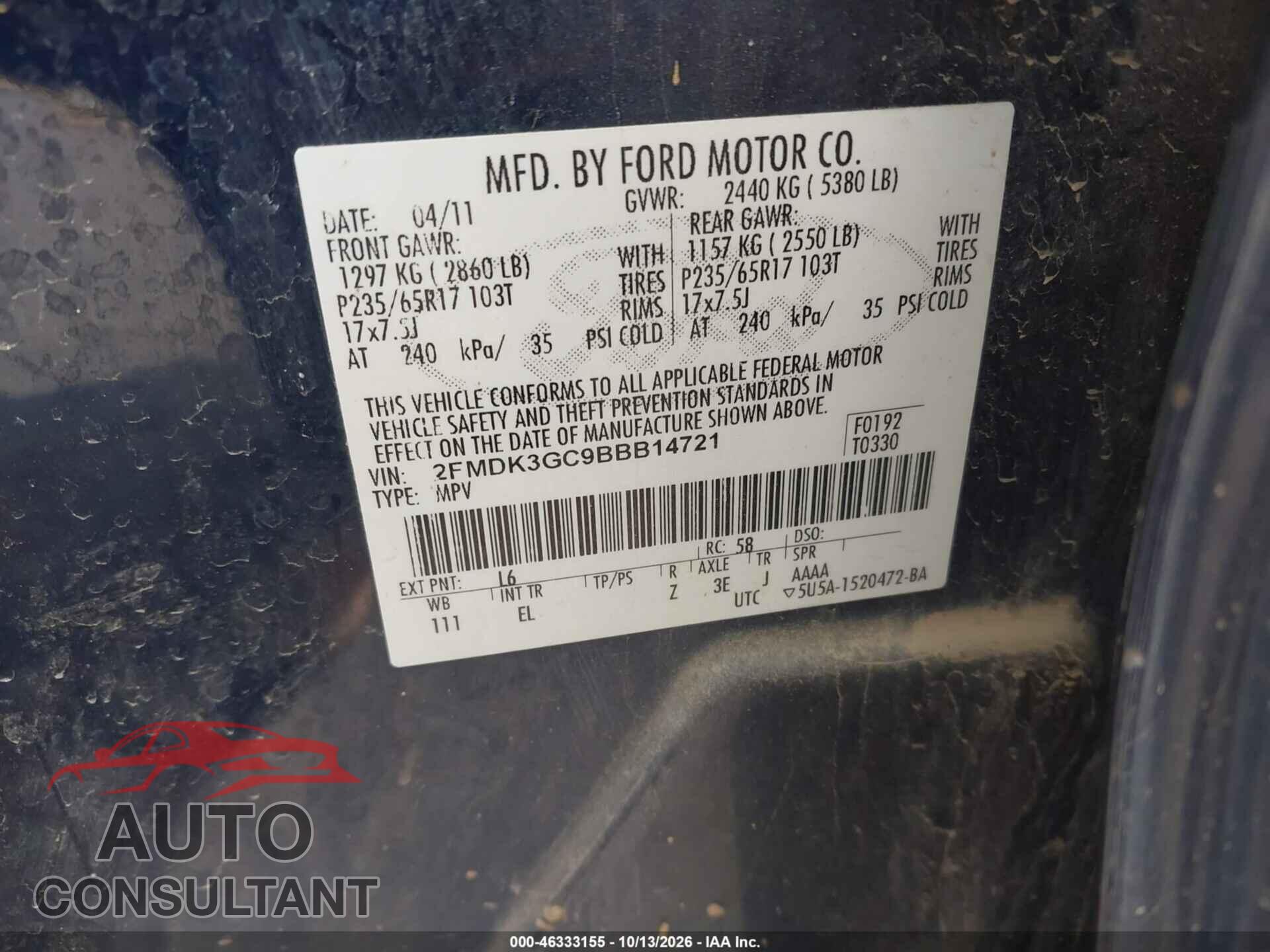FORD EDGE 2011 - 2FMDK3GC9BBB14721