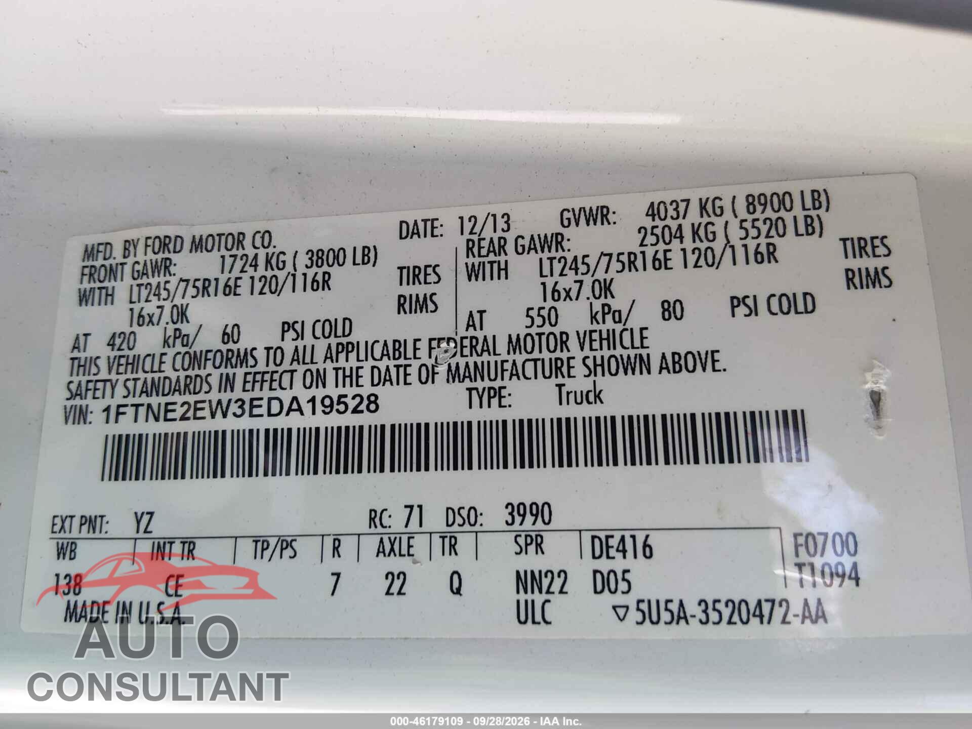 FORD E-250 2014 - 1FTNE2EW3EDA19528