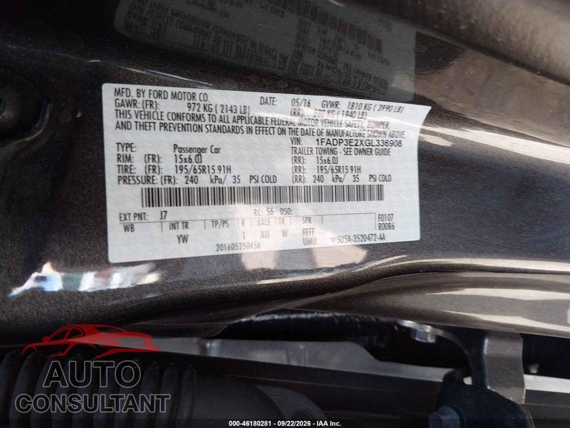 FORD FOCUS 2016 - 1FADP3E2XGL336908