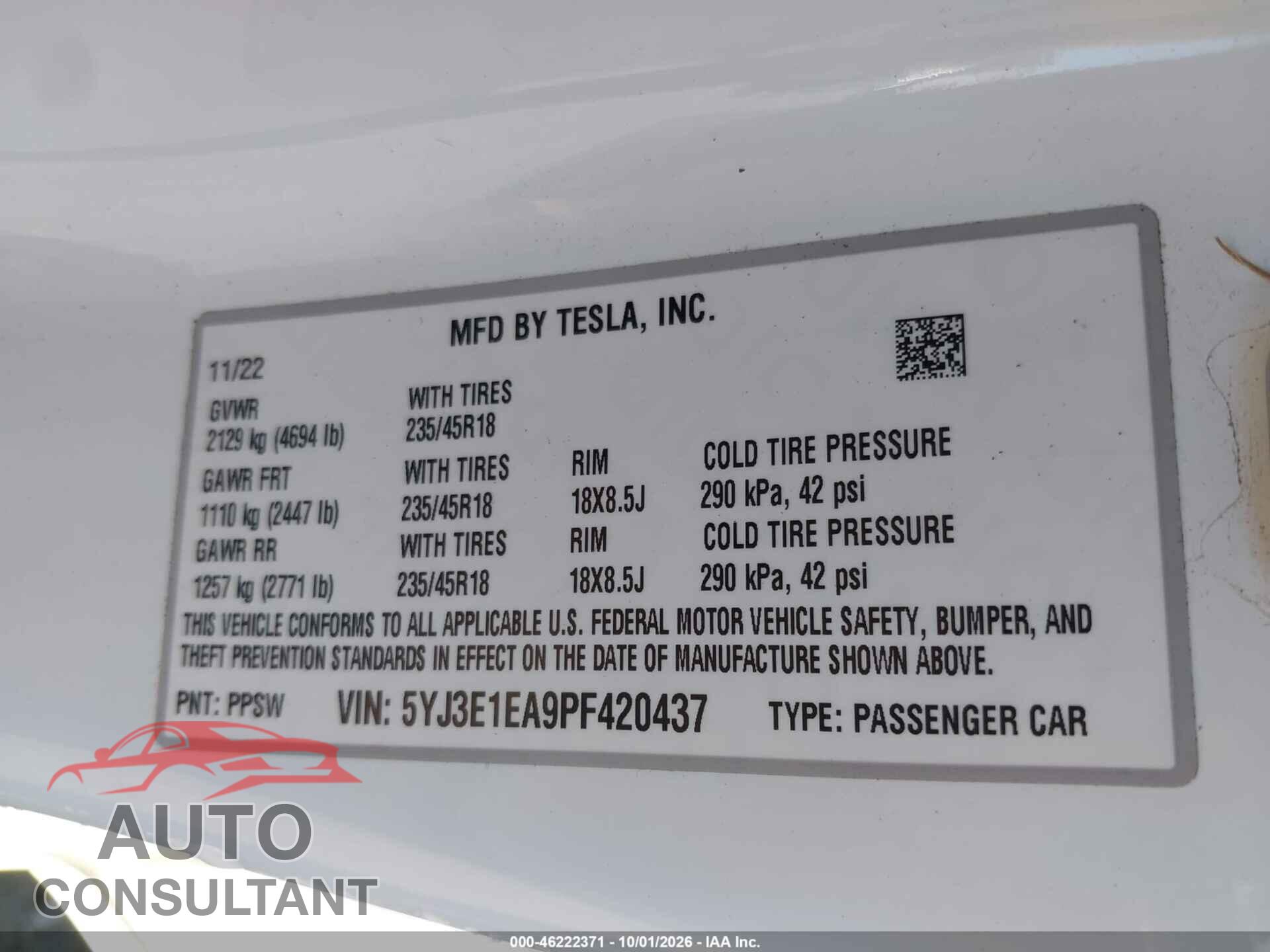 TESLA MODEL 3 2023 - 5YJ3E1EA9PF420437