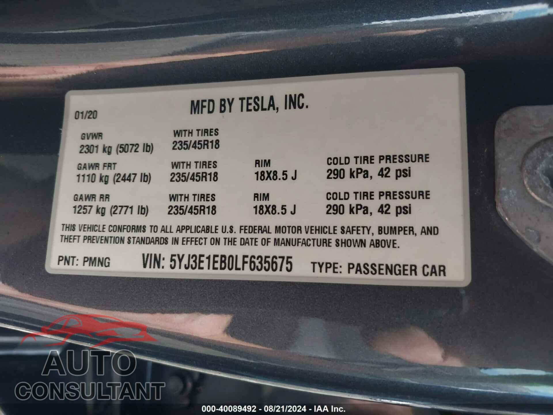 TESLA MODEL 3 2020 - 5YJ3E1EB0LF635675