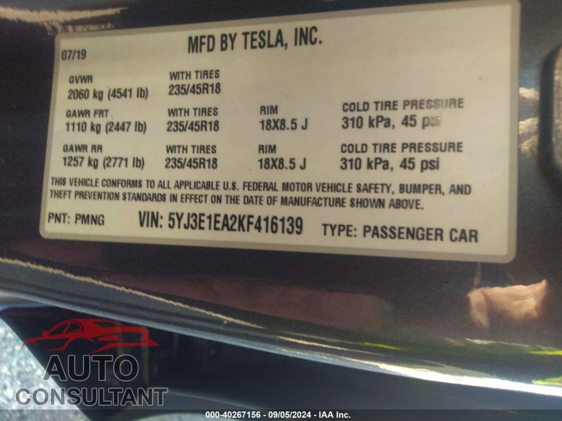 TESLA MODEL 3 2019 - 5YJ3E1EA2KF416139