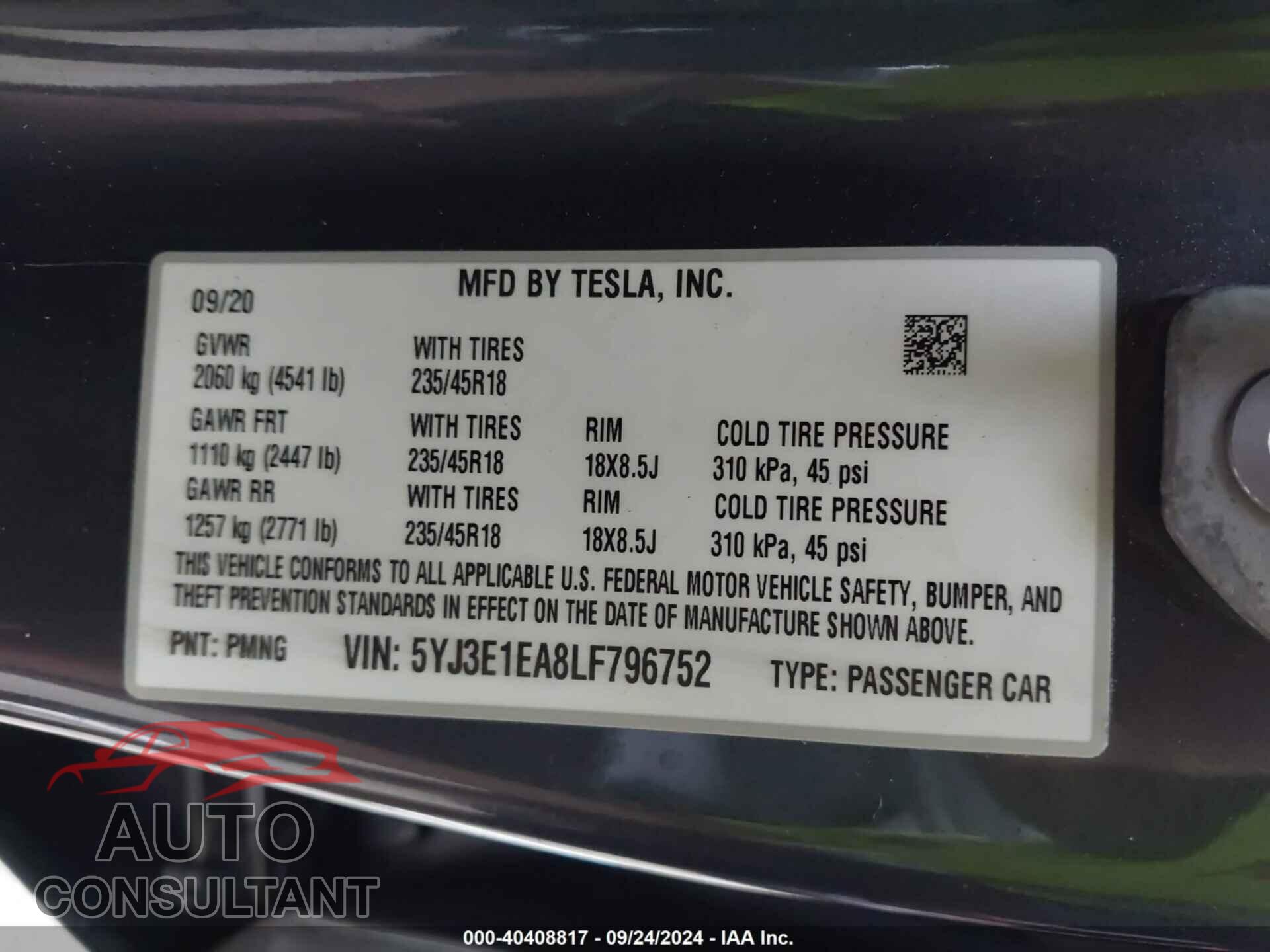TESLA MODEL 3 2020 - 5YJ3E1EA8LF796752