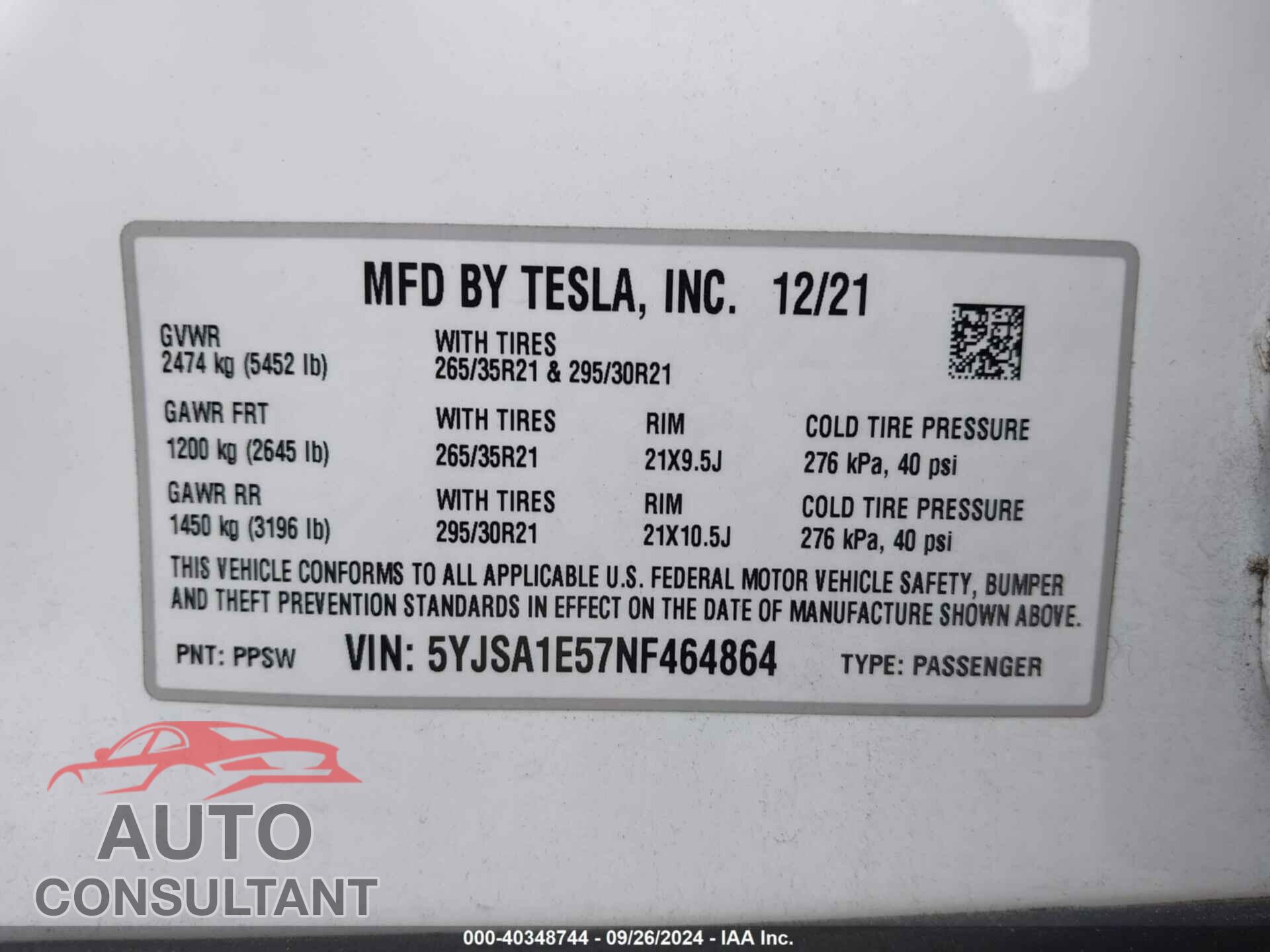 TESLA MODEL S 2022 - 5YJSA1E57NF464864