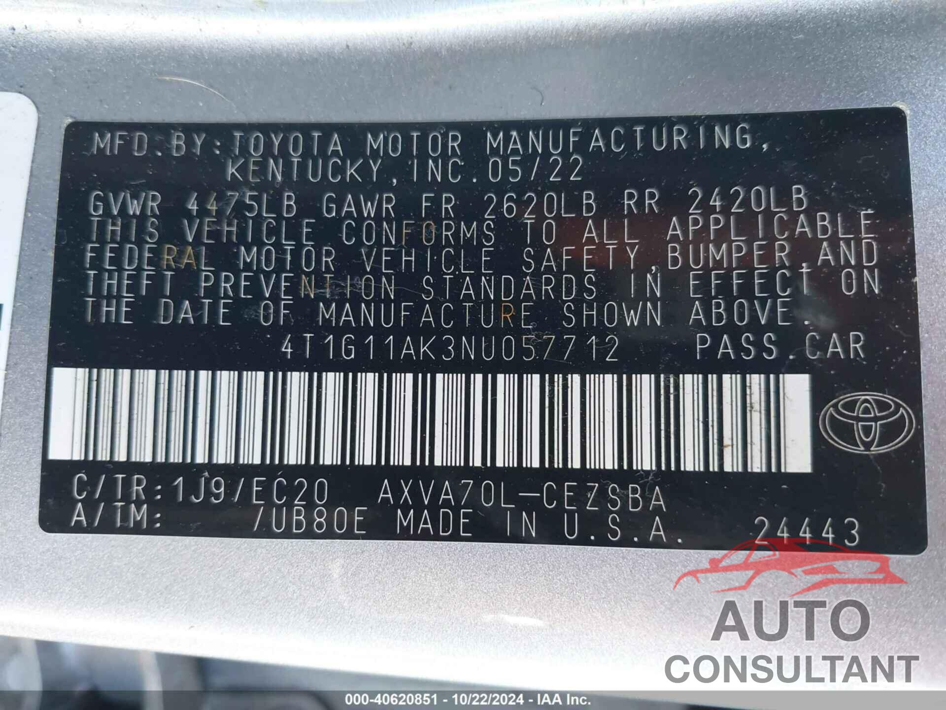 TOYOTA CAMRY 2022 - 4T1G11AK3NU057712