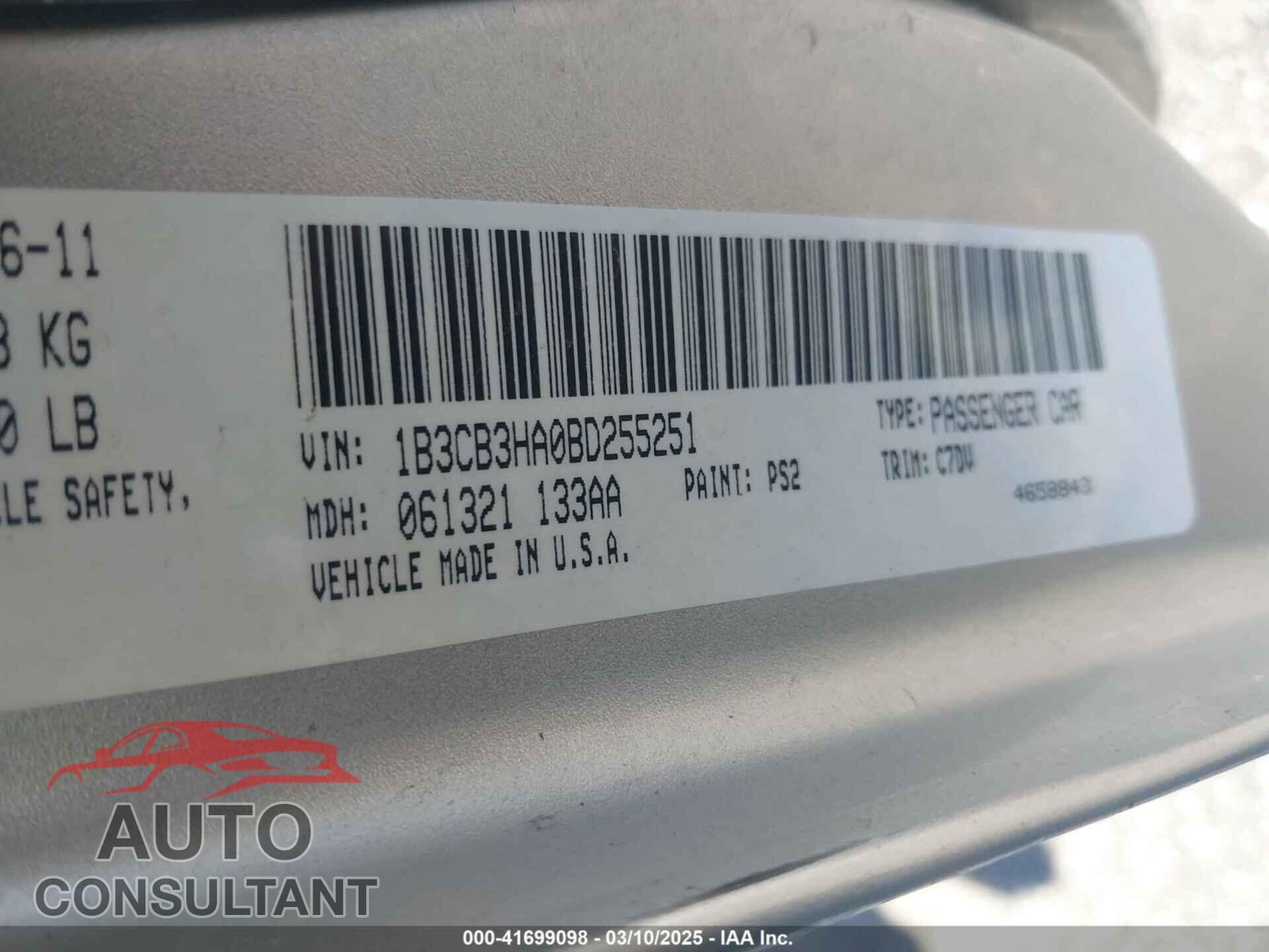 DODGE CALIBER 2011 - 1B3CB3HA0BD255251
