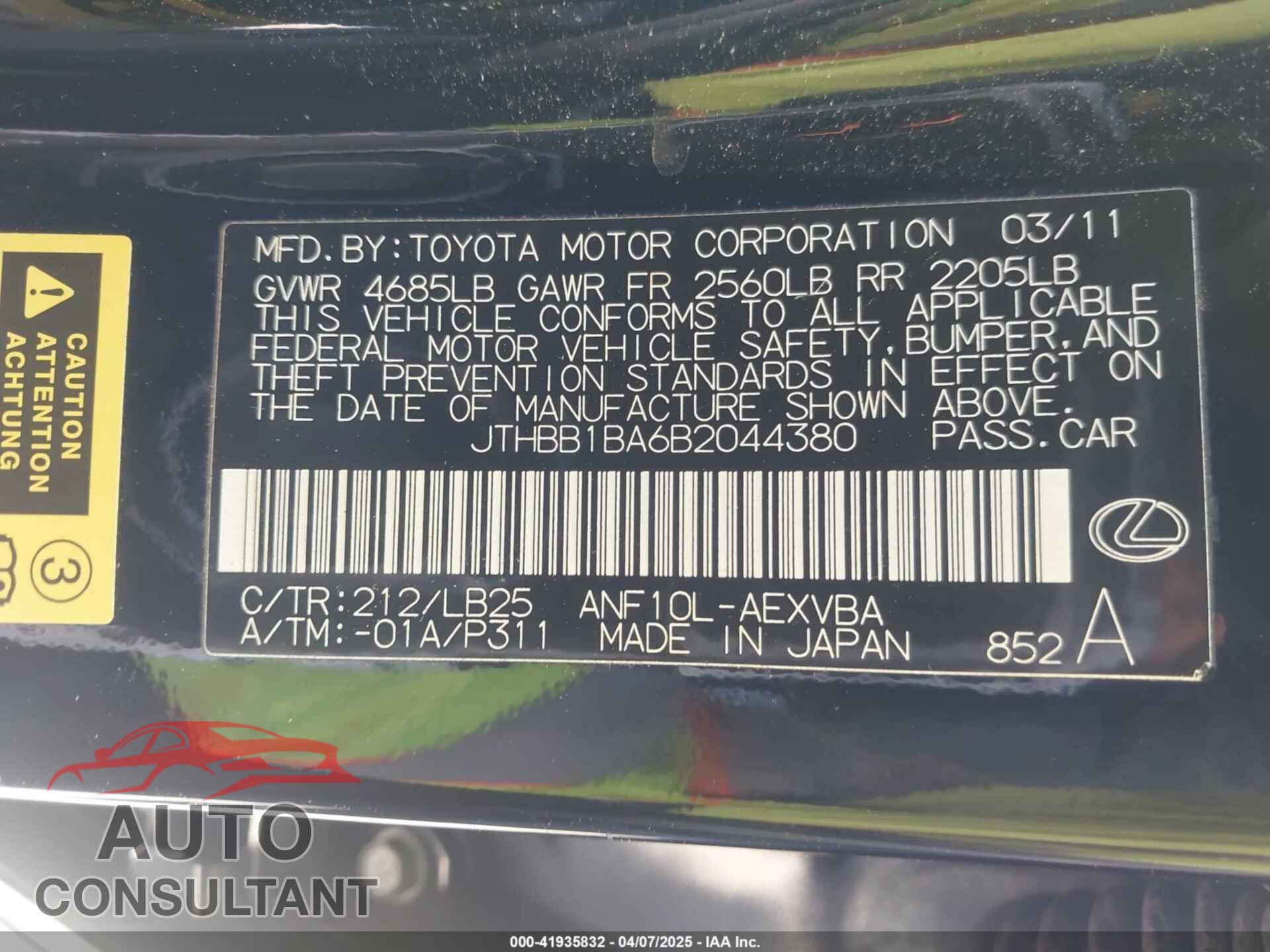 LEXUS HS 250H 2011 - JTHBB1BA6B2044380