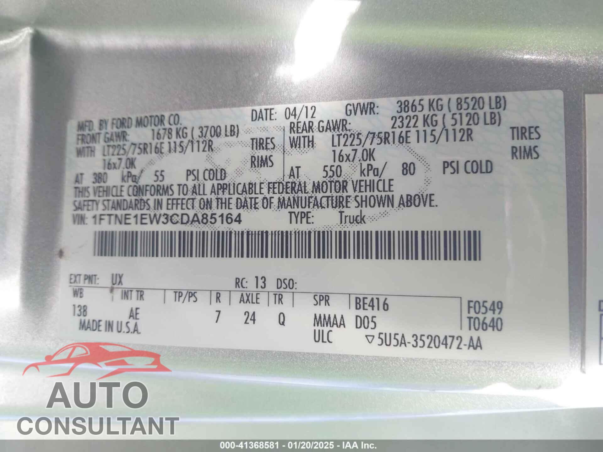 FORD E-150 2012 - 1FTNE1EW3CDA85164