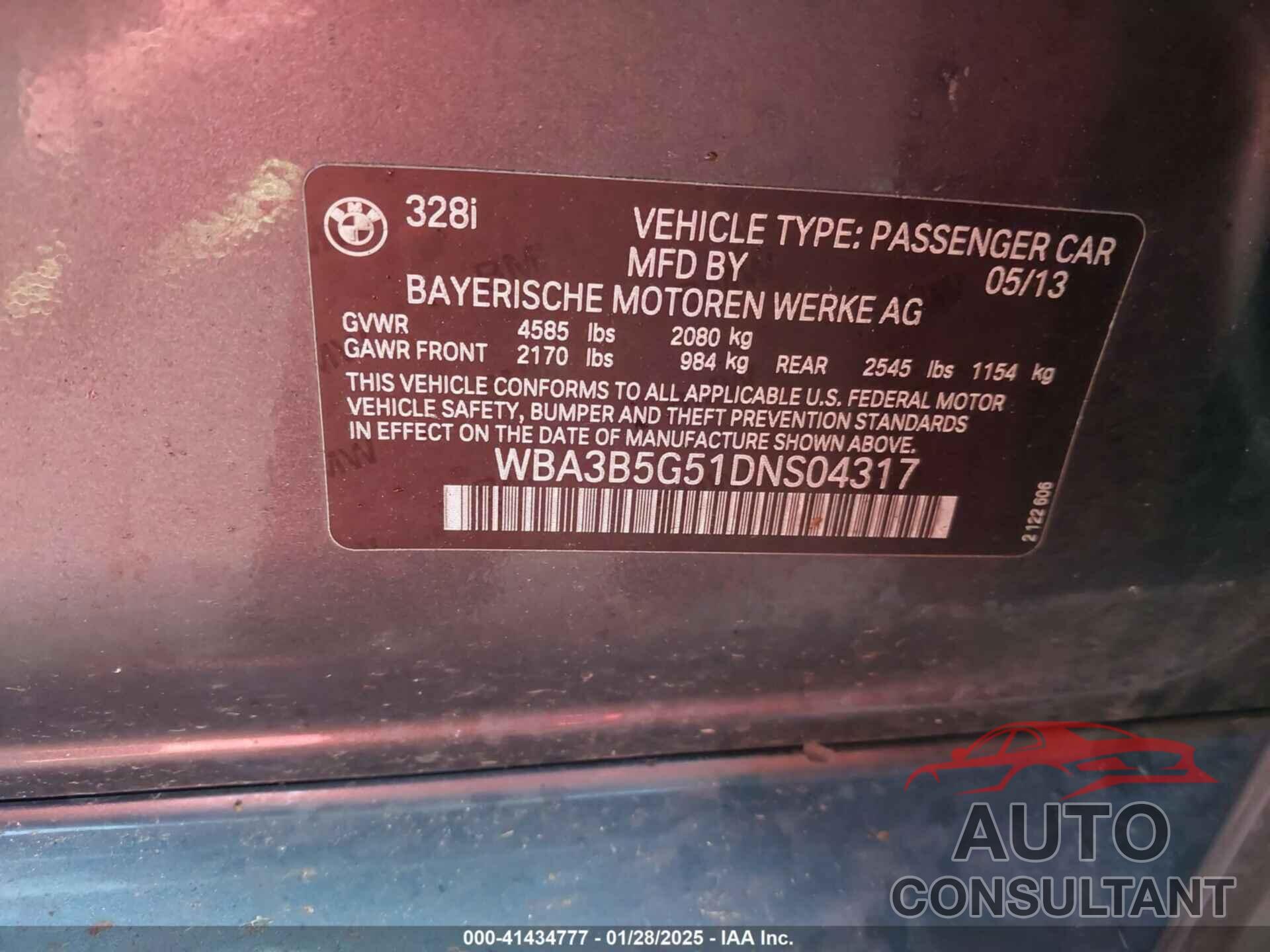 BMW 328I 2013 - WBA3B5G51DNS04317