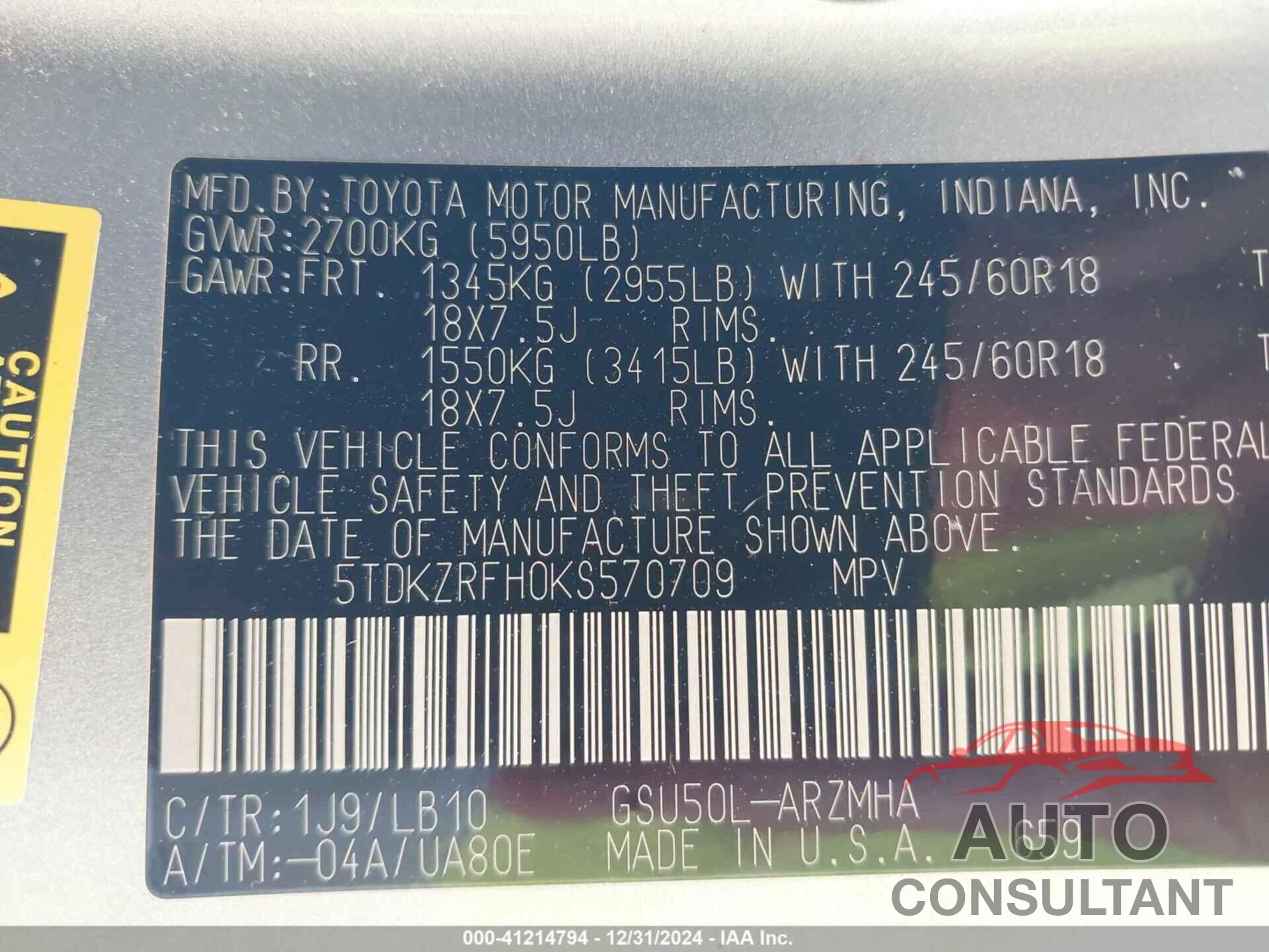 TOYOTA HIGHLANDER 2019 - 5TDKZRFH0KS570709