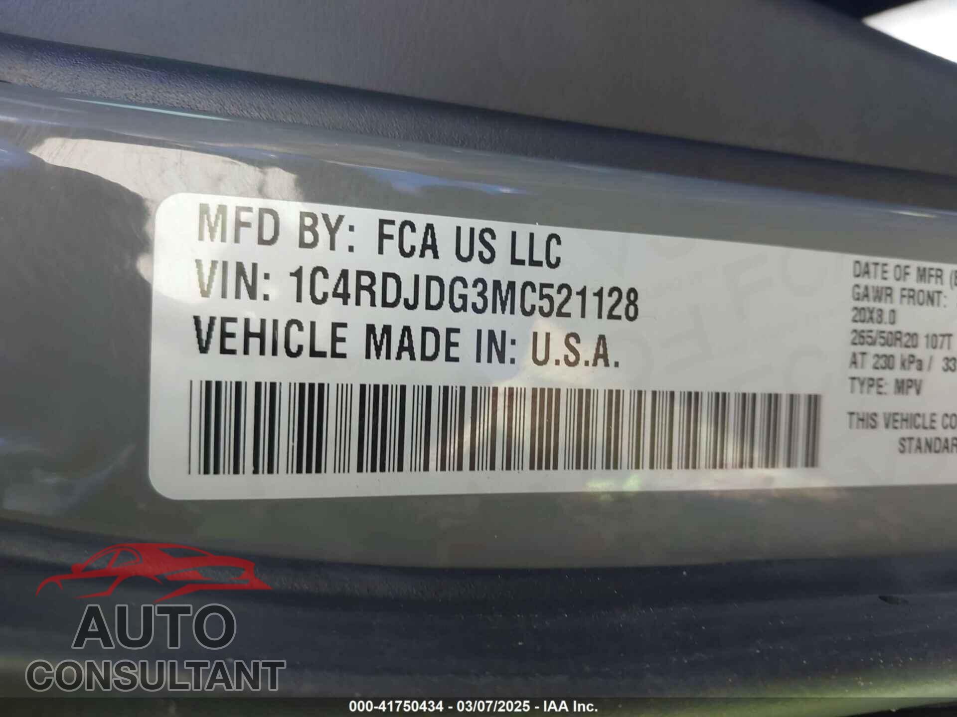 DODGE DURANGO 2021 - 1C4RDJDG3MC521128