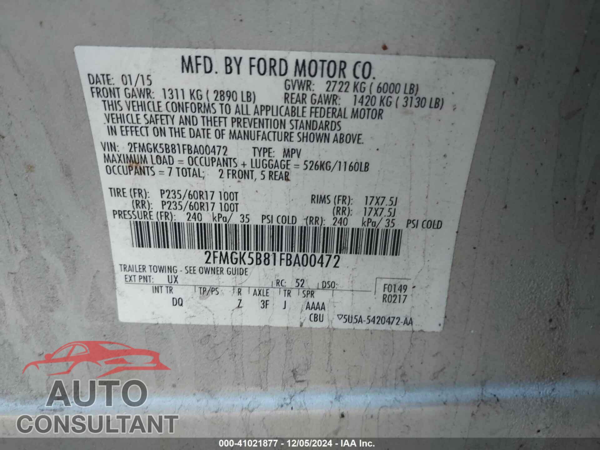 FORD FLEX 2015 - 2FMGK5B81FBA00472