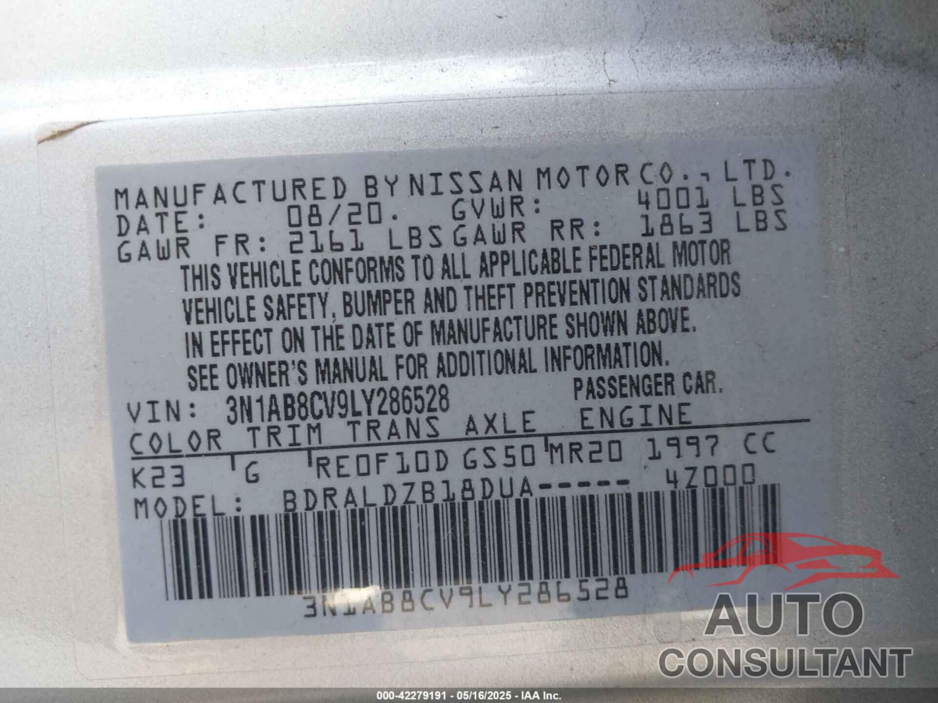 NISSAN SENTRA 2020 - 3N1AB8CV9LY286528
