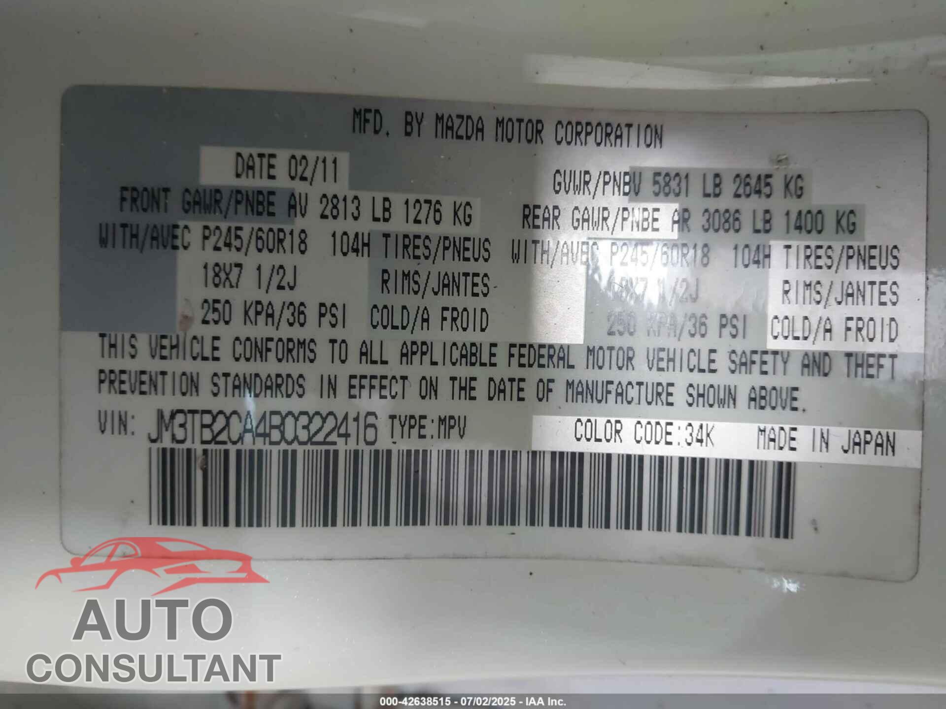 MAZDA CX-9 2011 - JM3TB2CA4B0322416