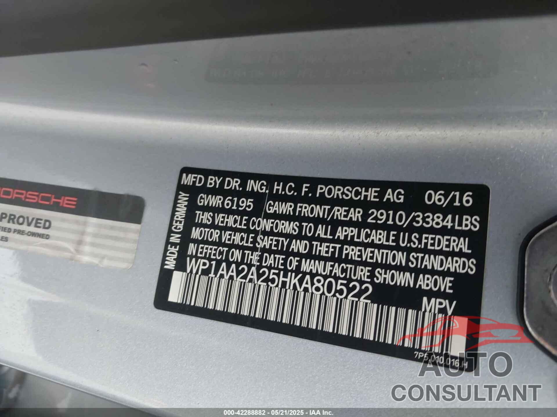 PORSCHE CAYENNE 2017 - WP1AA2A25HKA80522