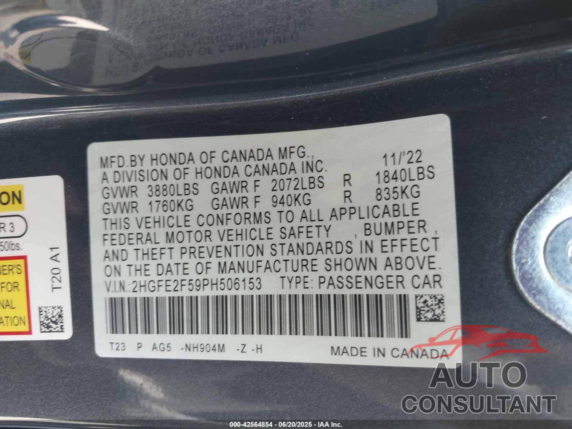 HONDA CIVIC 2023 - 2HGFE2F59PH506153