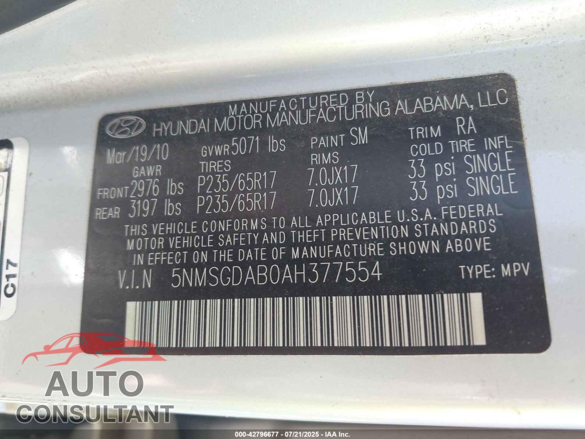 HYUNDAI SANTA FE 2010 - 5NMSGDAB0AH377554