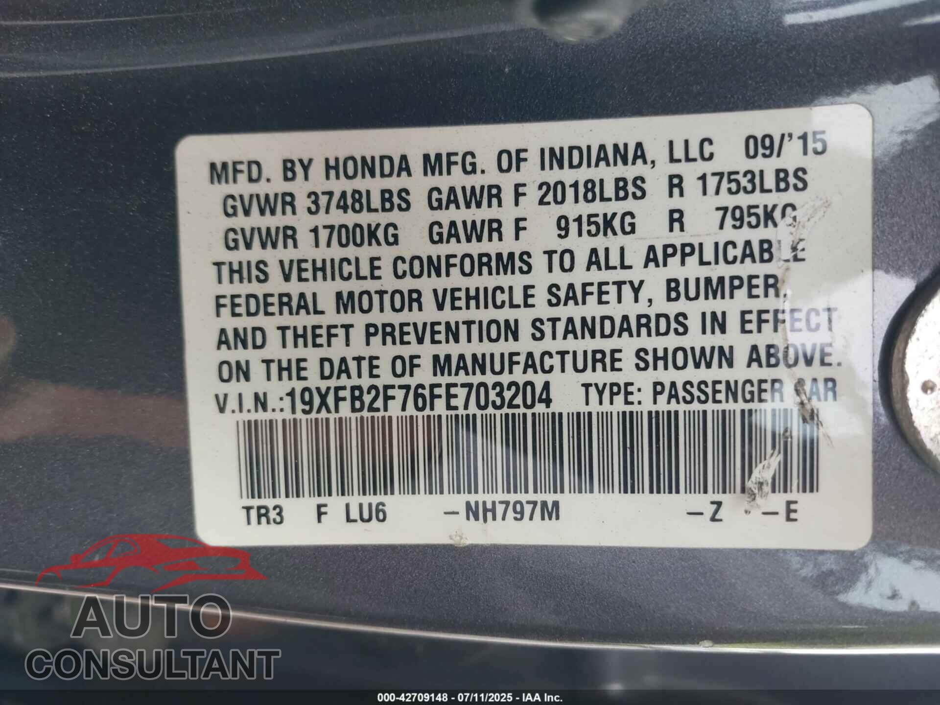 HONDA CIVIC 2015 - 19XFB2F76FE703204