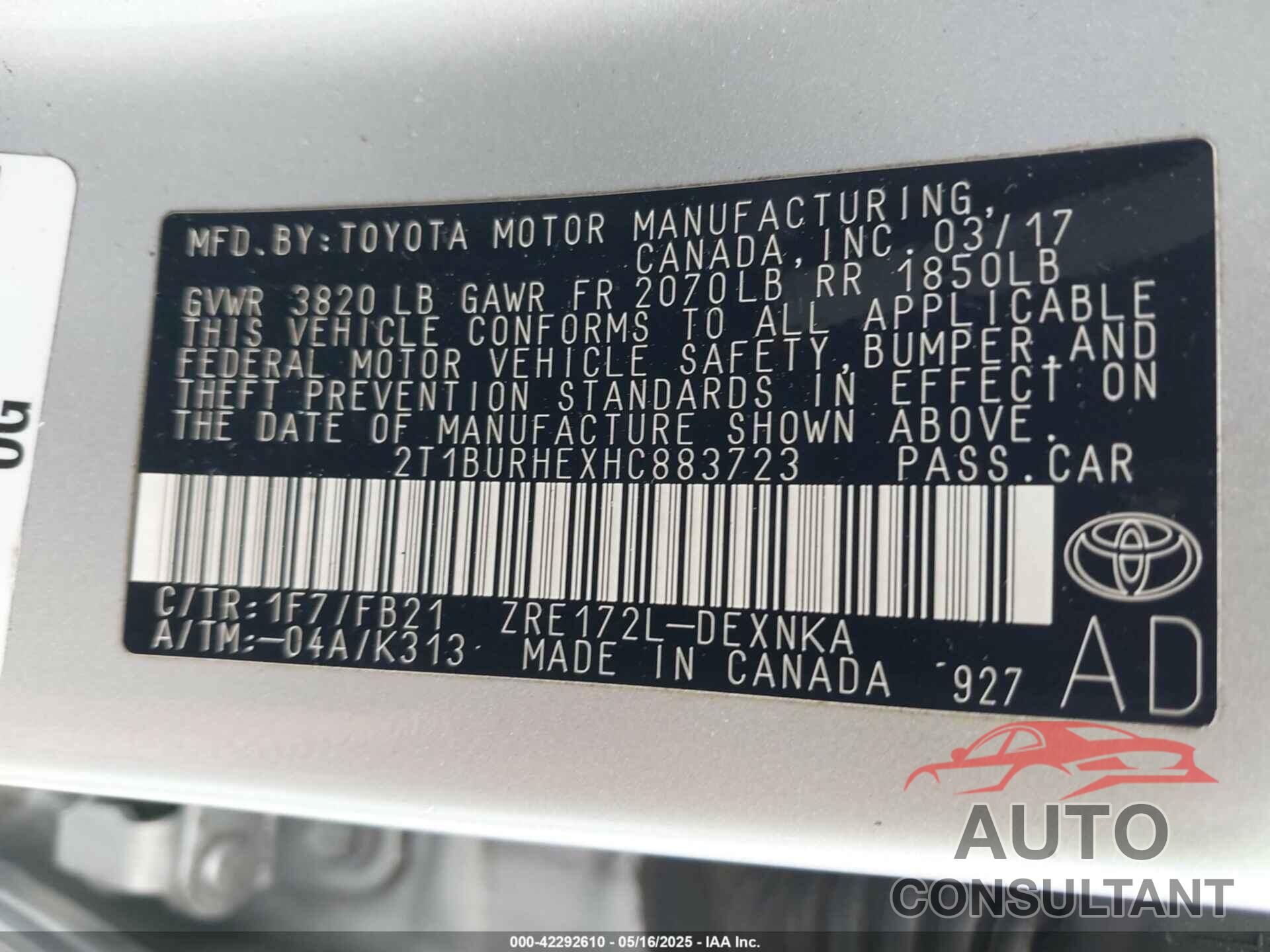 TOYOTA COROLLA 2017 - 2T1BURHEXHC883723