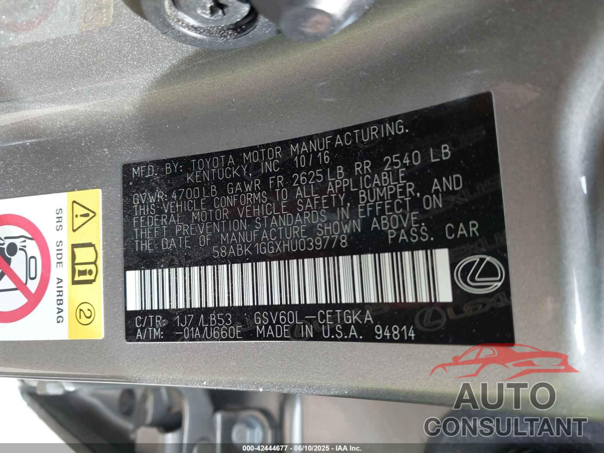 LEXUS ES 350 2017 - 58ABK1GGXHU039778